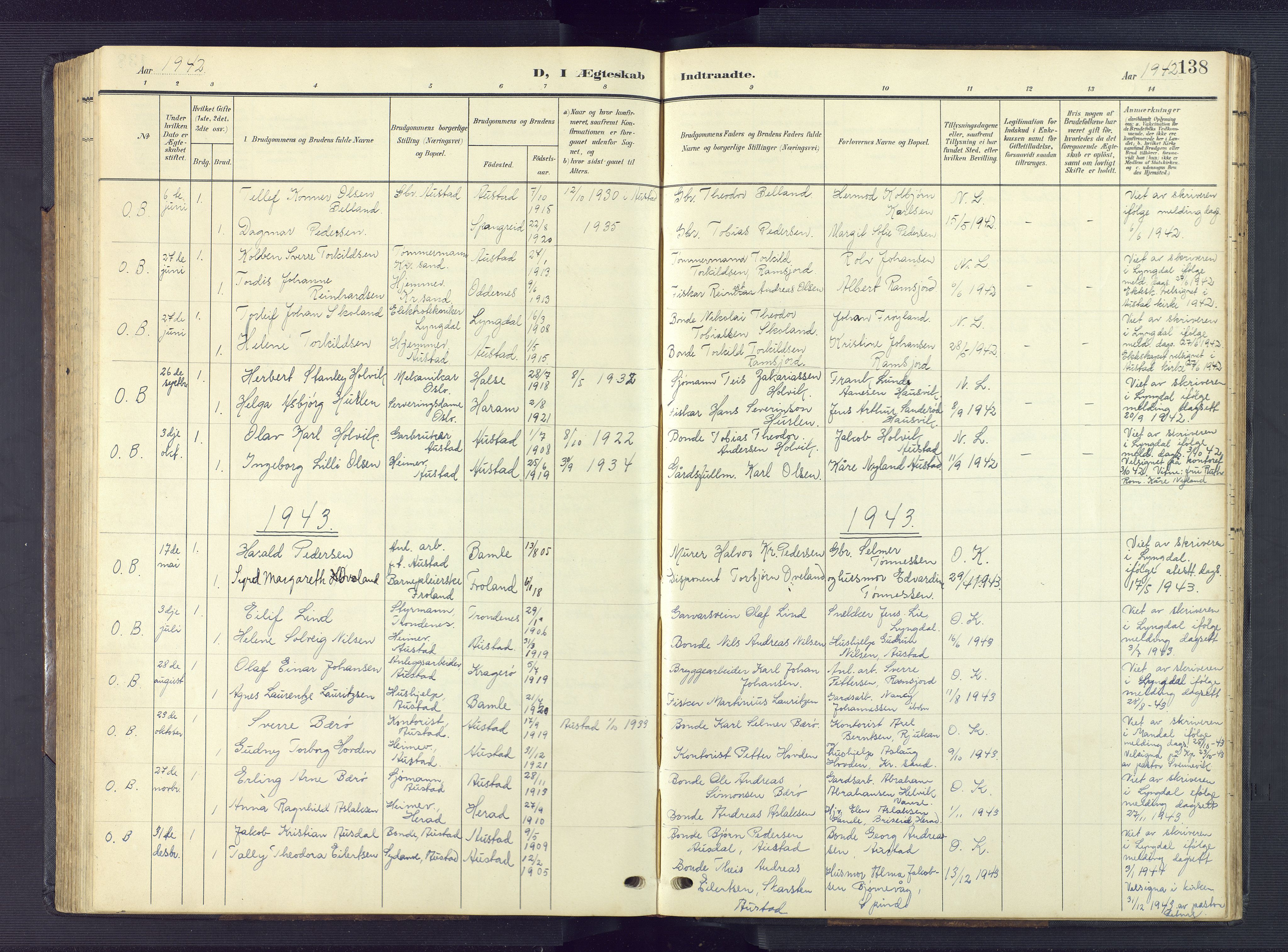 Lyngdal sokneprestkontor, AV/SAK-1111-0029/F/Fb/Fba/L0004: Parish register (copy) no. B 4, 1904-1950, p. 138