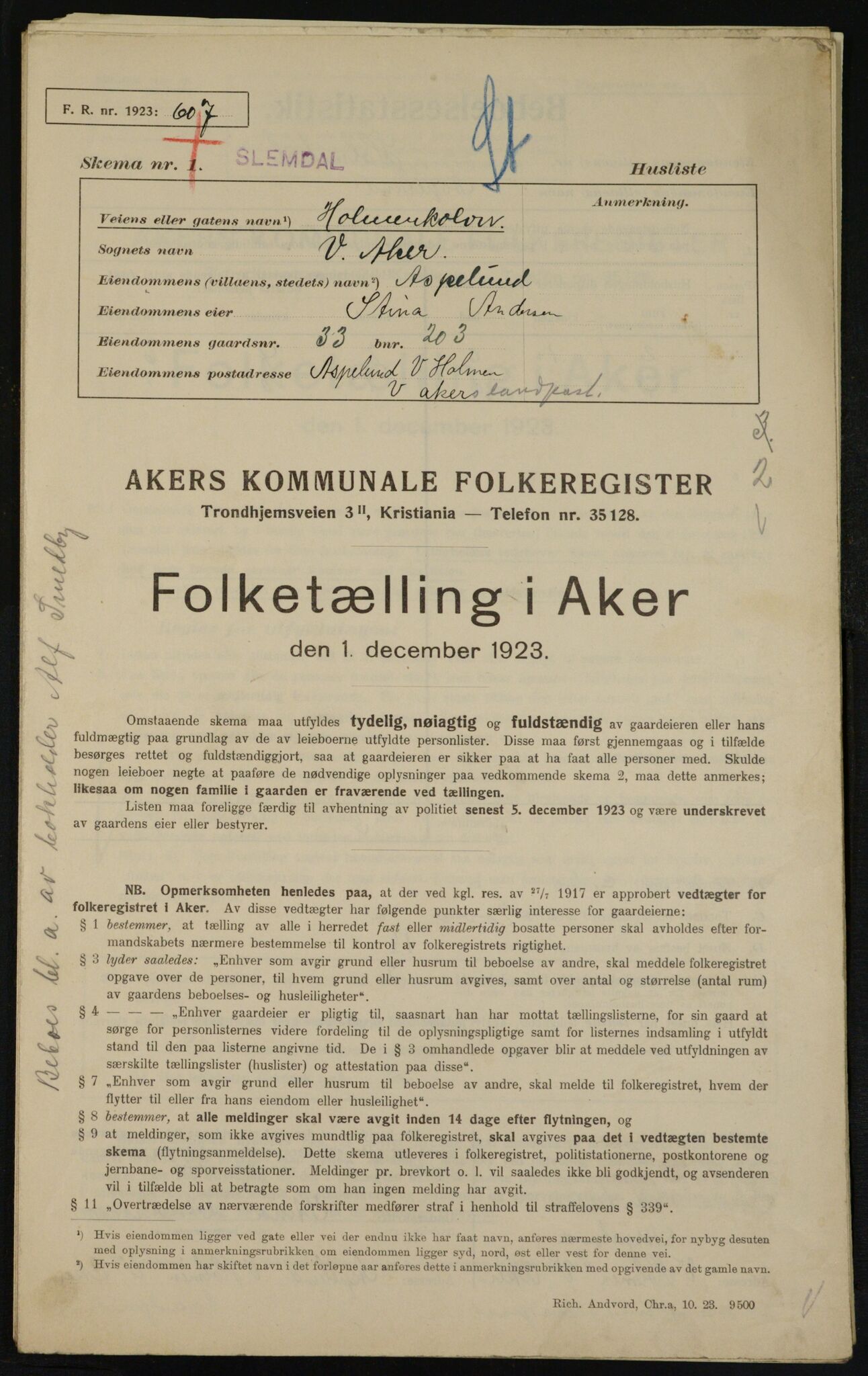 , Municipal Census 1923 for Aker, 1923, p. 11221