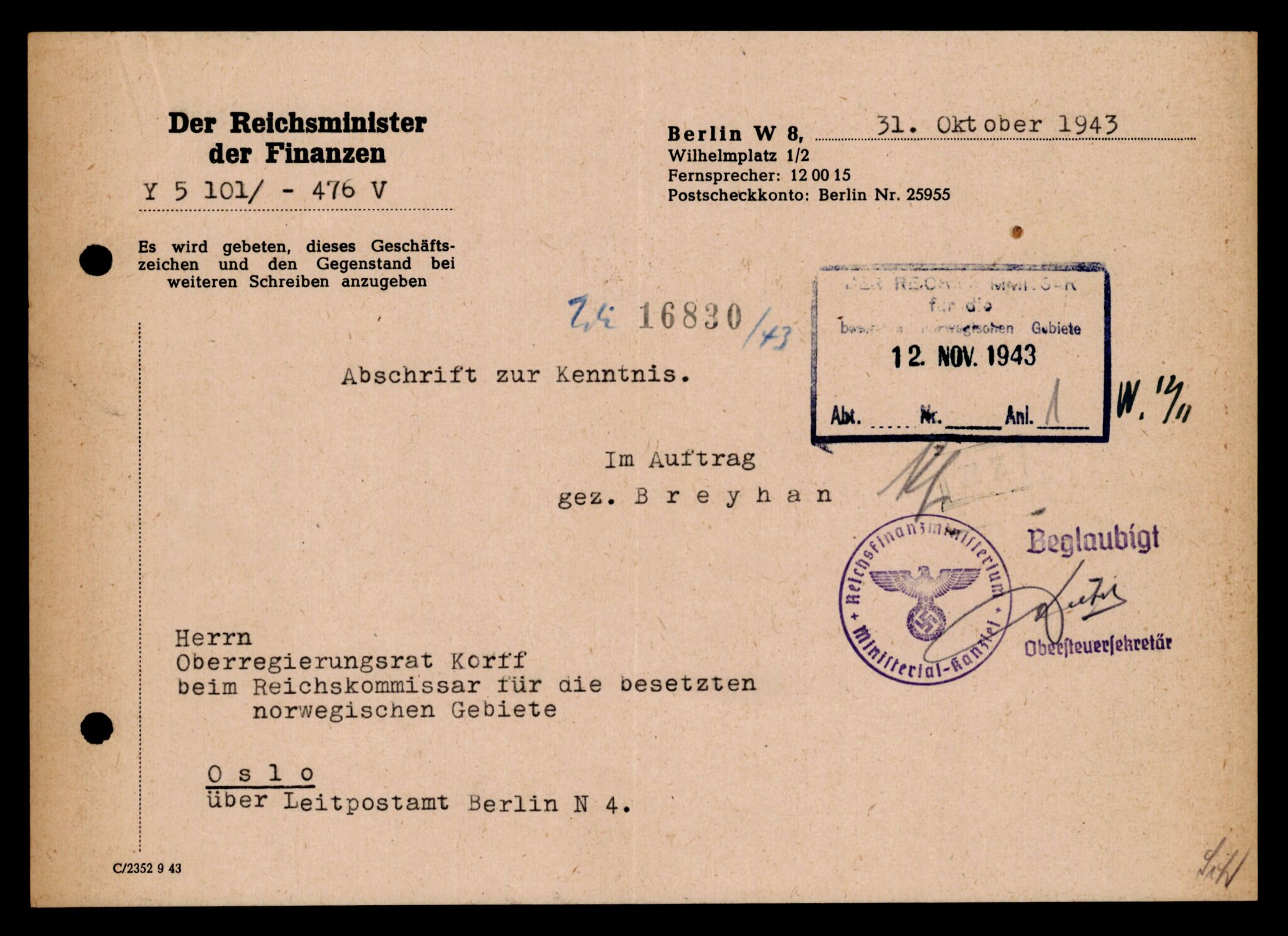 Forsvarets Overkommando. 2 kontor. Arkiv 11.4. Spredte tyske arkivsaker, AV/RA-RAFA-7031/D/Dar/Darb/L0003: Reichskommissariat - Hauptabteilung Vervaltung, 1940-1945, p. 394