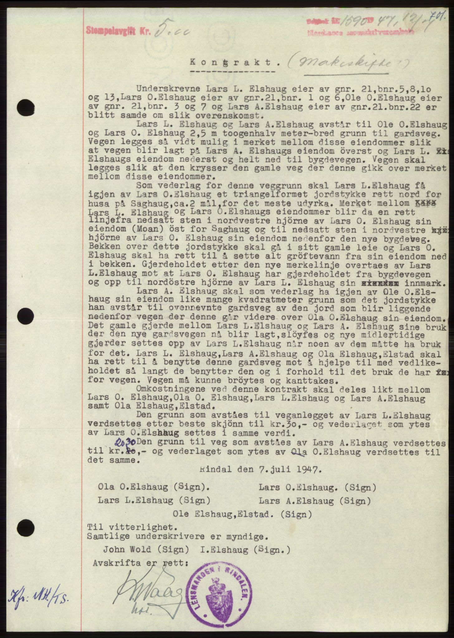 Nordmøre sorenskriveri, AV/SAT-A-4132/1/2/2Ca: Mortgage book no. B96, 1947-1947, Diary no: : 1590/1947