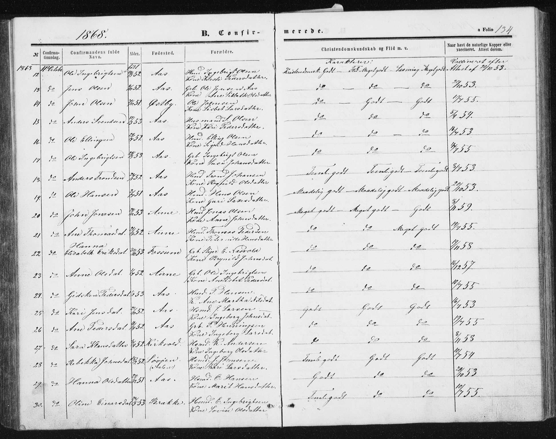 Ministerialprotokoller, klokkerbøker og fødselsregistre - Sør-Trøndelag, SAT/A-1456/698/L1166: Parish register (copy) no. 698C03, 1861-1887, p. 134