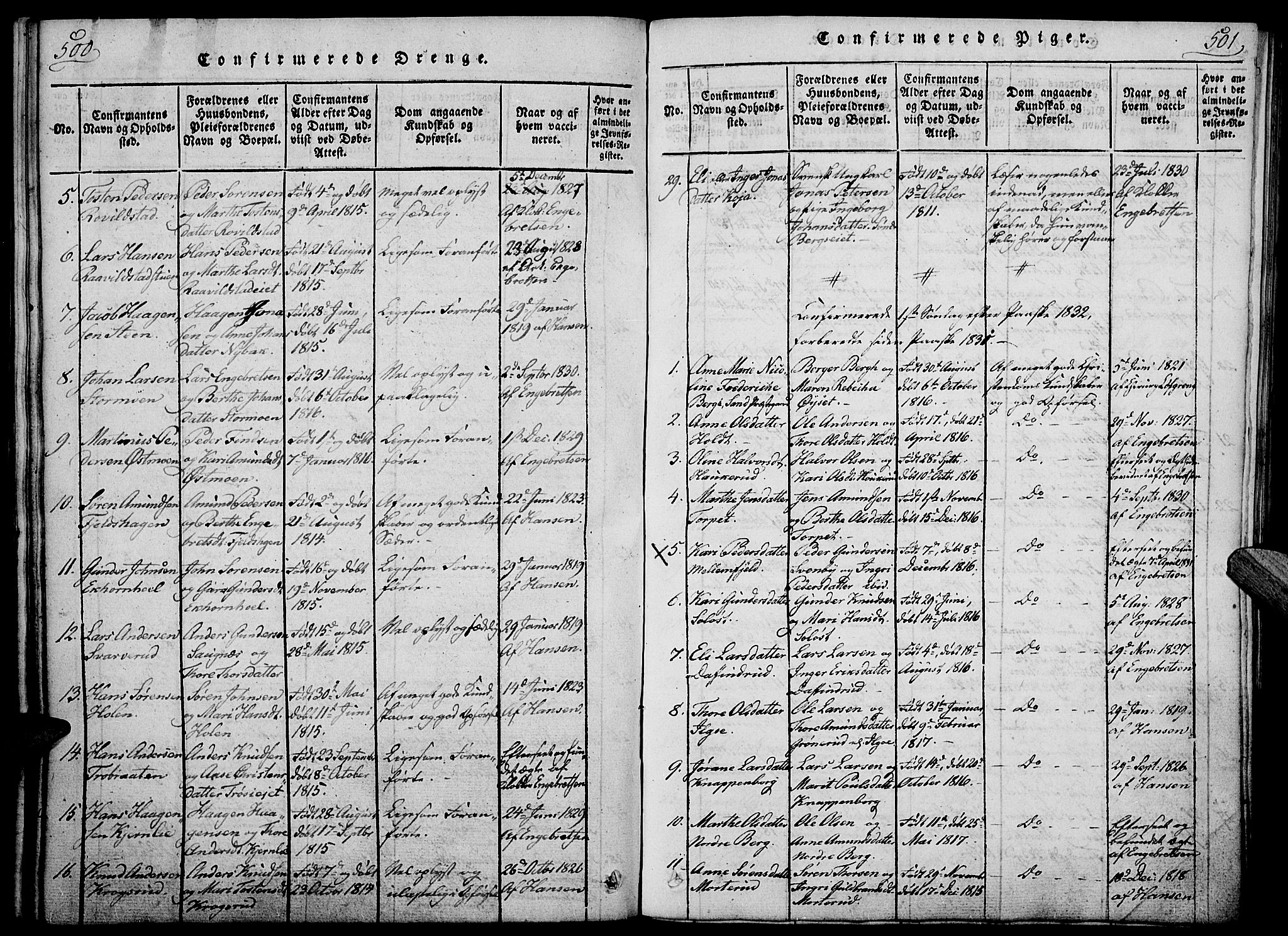 Nord-Odal prestekontor, AV/SAH-PREST-032/H/Ha/Haa/L0001: Parish register (official) no. 1, 1819-1838, p. 500-501