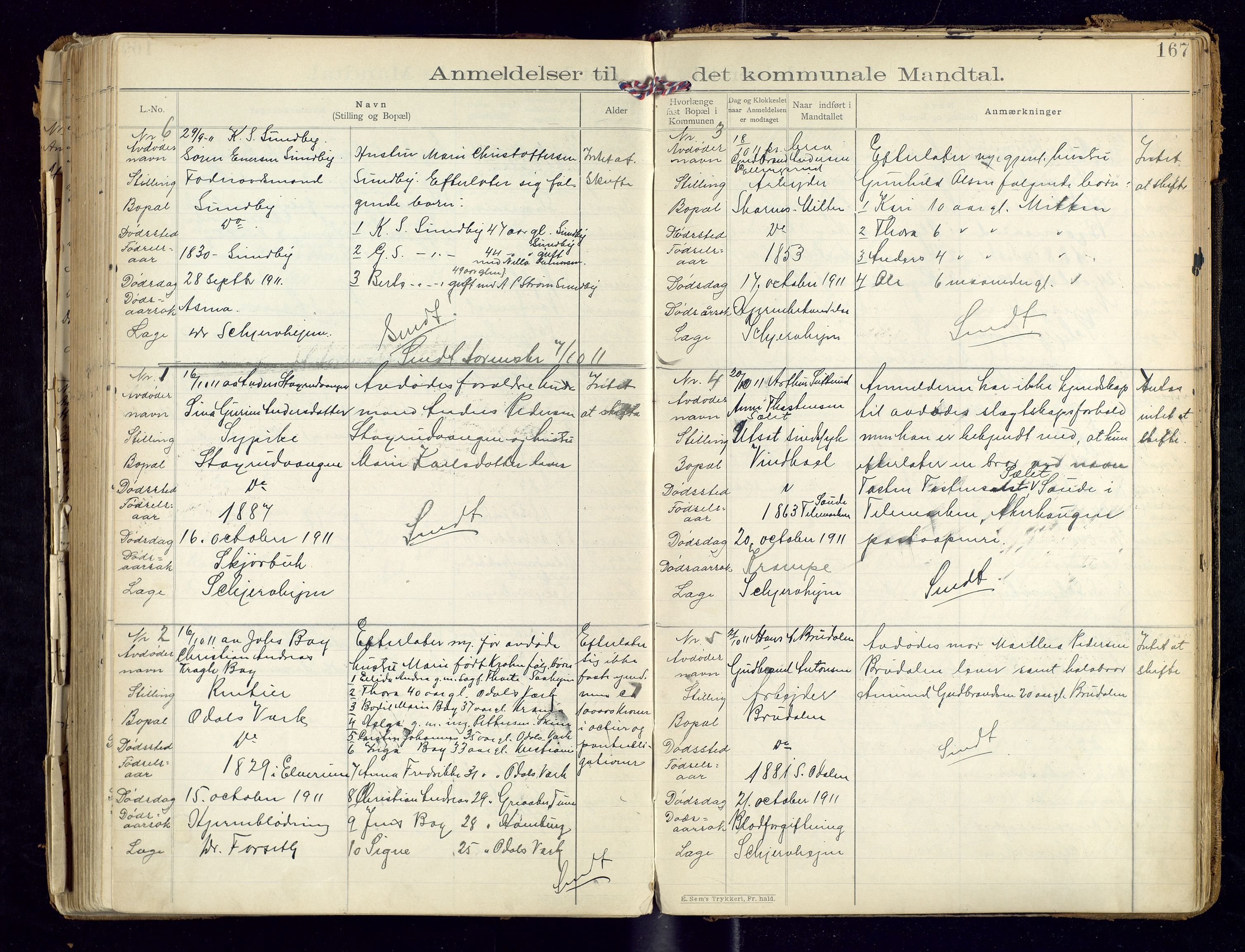 Sør-Odal lensmannskontor, AV/SAH-LHS-022/H/Hb/L0001/0002: Protokoller over anmeldte dødsfall / Protokoll over anmeldte dødsfall, 1901-1913, p. 167