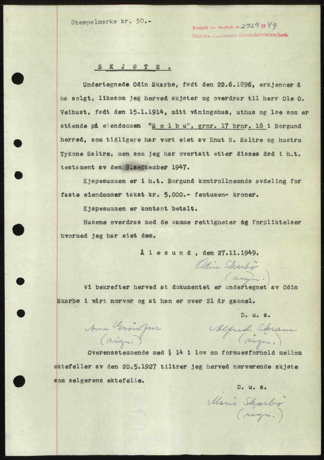 Nordre Sunnmøre sorenskriveri, AV/SAT-A-0006/1/2/2C/2Ca: Mortgage book no. A33, 1949-1950, Diary no: : 2729/1949