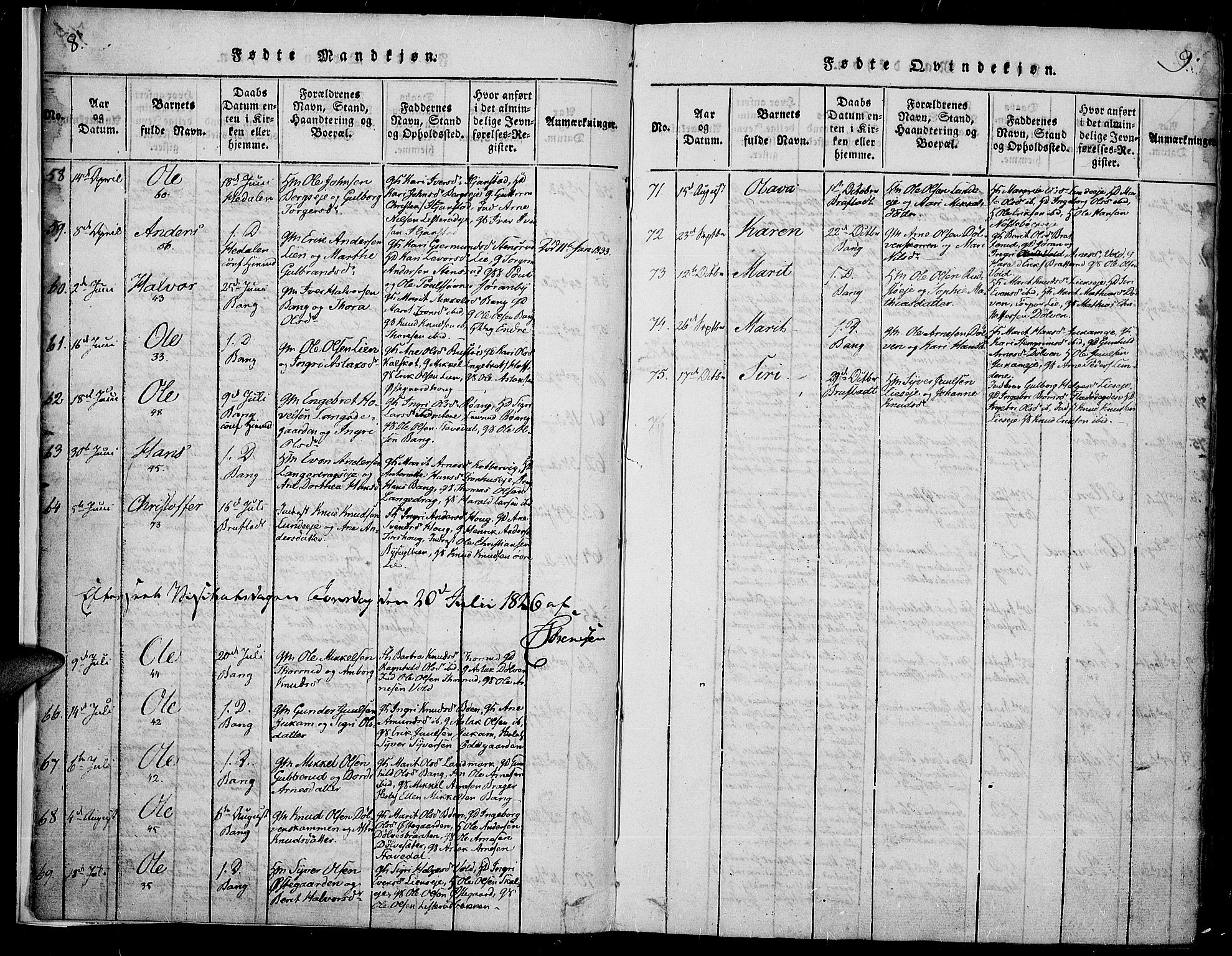 Sør-Aurdal prestekontor, AV/SAH-PREST-128/H/Ha/Haa/L0003: Parish register (official) no. 3, 1825-1840, p. 8-9