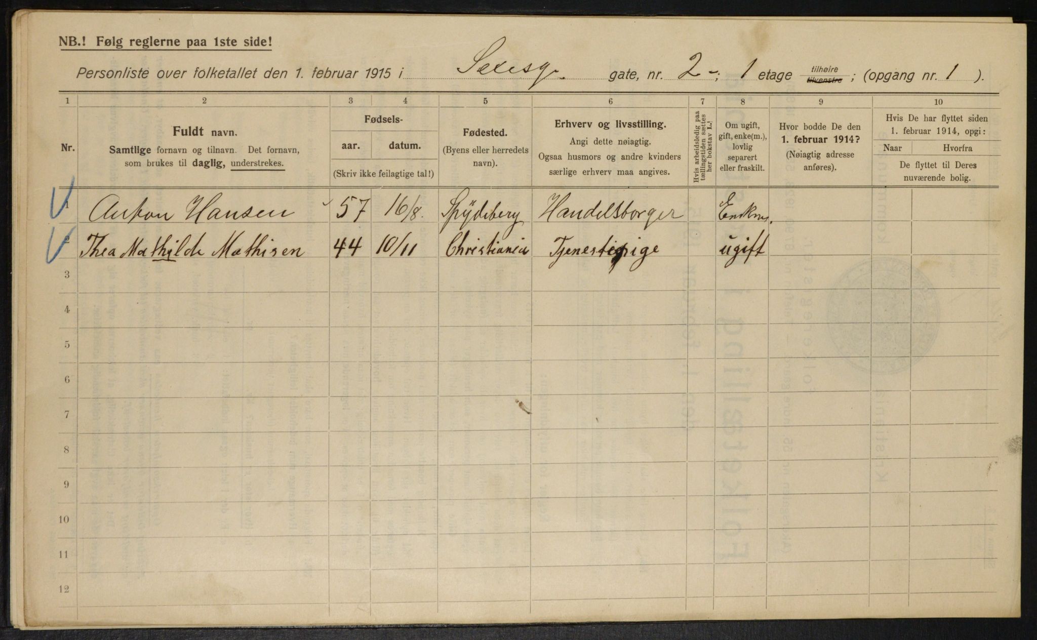 OBA, Municipal Census 1915 for Kristiania, 1915, p. 94412