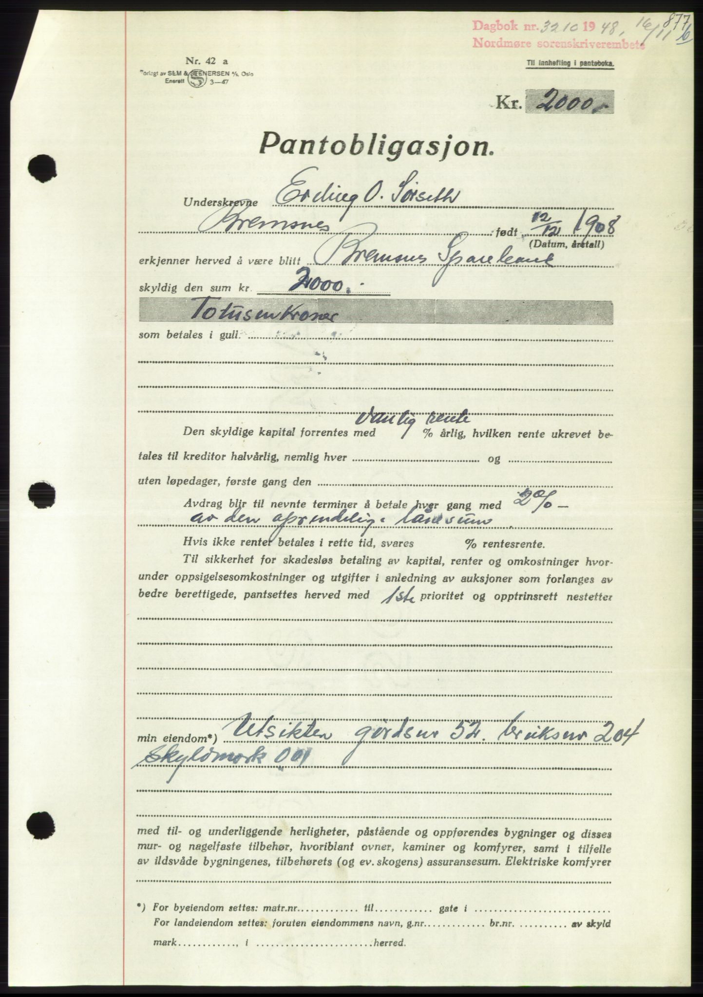 Nordmøre sorenskriveri, AV/SAT-A-4132/1/2/2Ca: Mortgage book no. B100, 1948-1949, Diary no: : 3210/1948