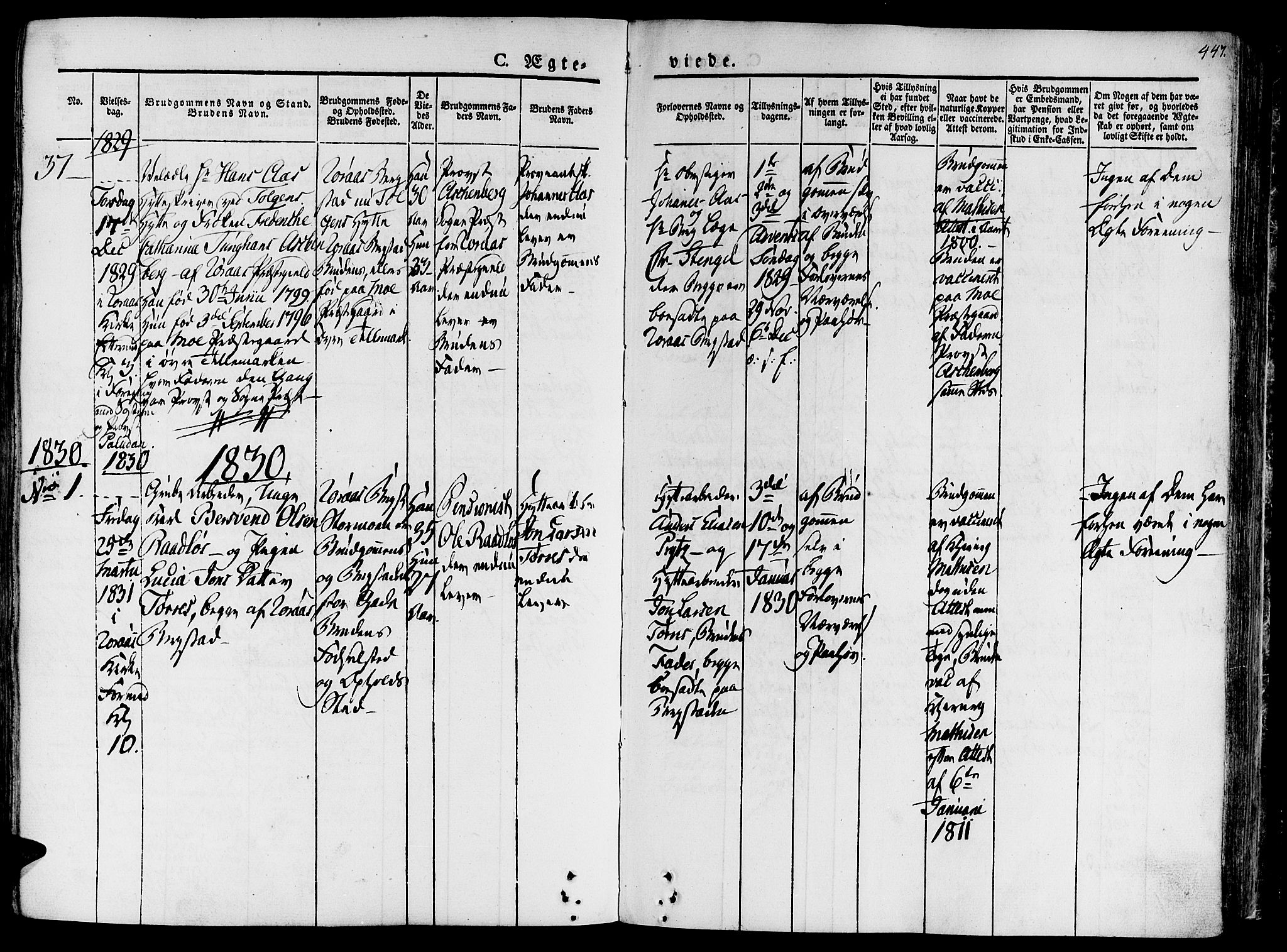 Ministerialprotokoller, klokkerbøker og fødselsregistre - Sør-Trøndelag, SAT/A-1456/681/L0930: Parish register (official) no. 681A08, 1829-1844, p. 447