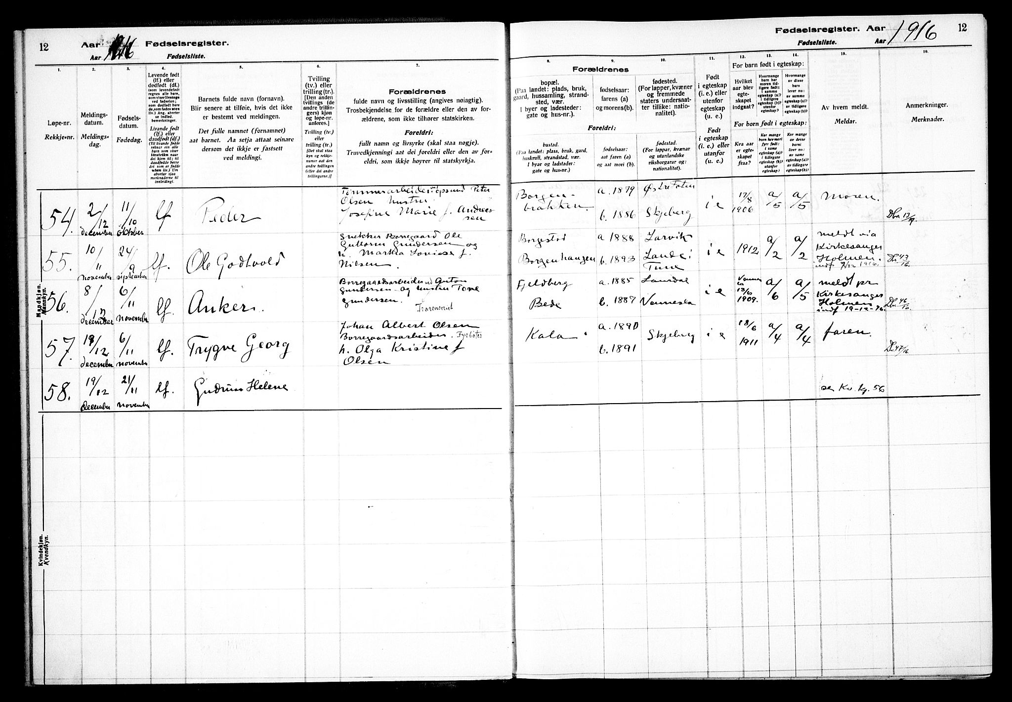 Skjeberg prestekontor Kirkebøker, SAO/A-10923/J/Jd/L0001: Birth register no. IV 1, 1916-1935, p. 12