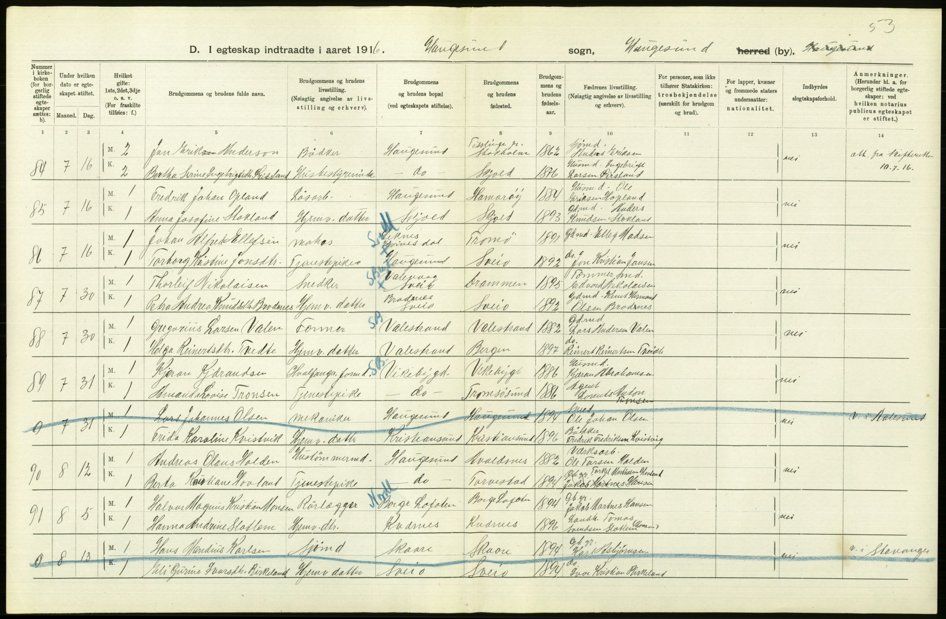 Statistisk sentralbyrå, Sosiodemografiske emner, Befolkning, AV/RA-S-2228/D/Df/Dfb/Dfbf/L0031: Stavanger amt: Gifte. Bygder og byer., 1916, p. 308