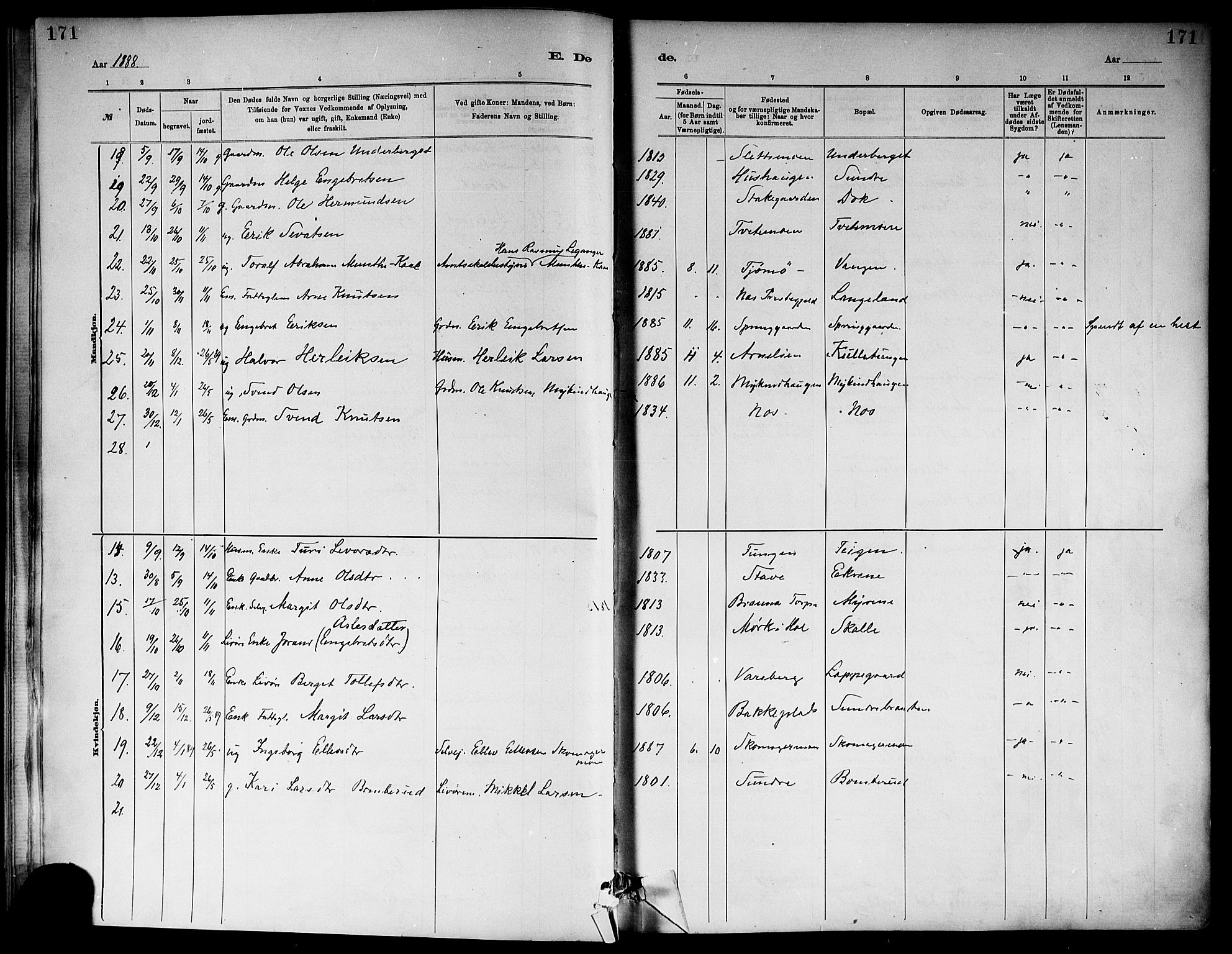 Ål kirkebøker, SAKO/A-249/F/Fa/L0008: Parish register (official) no. I 8, 1882-1896, p. 171