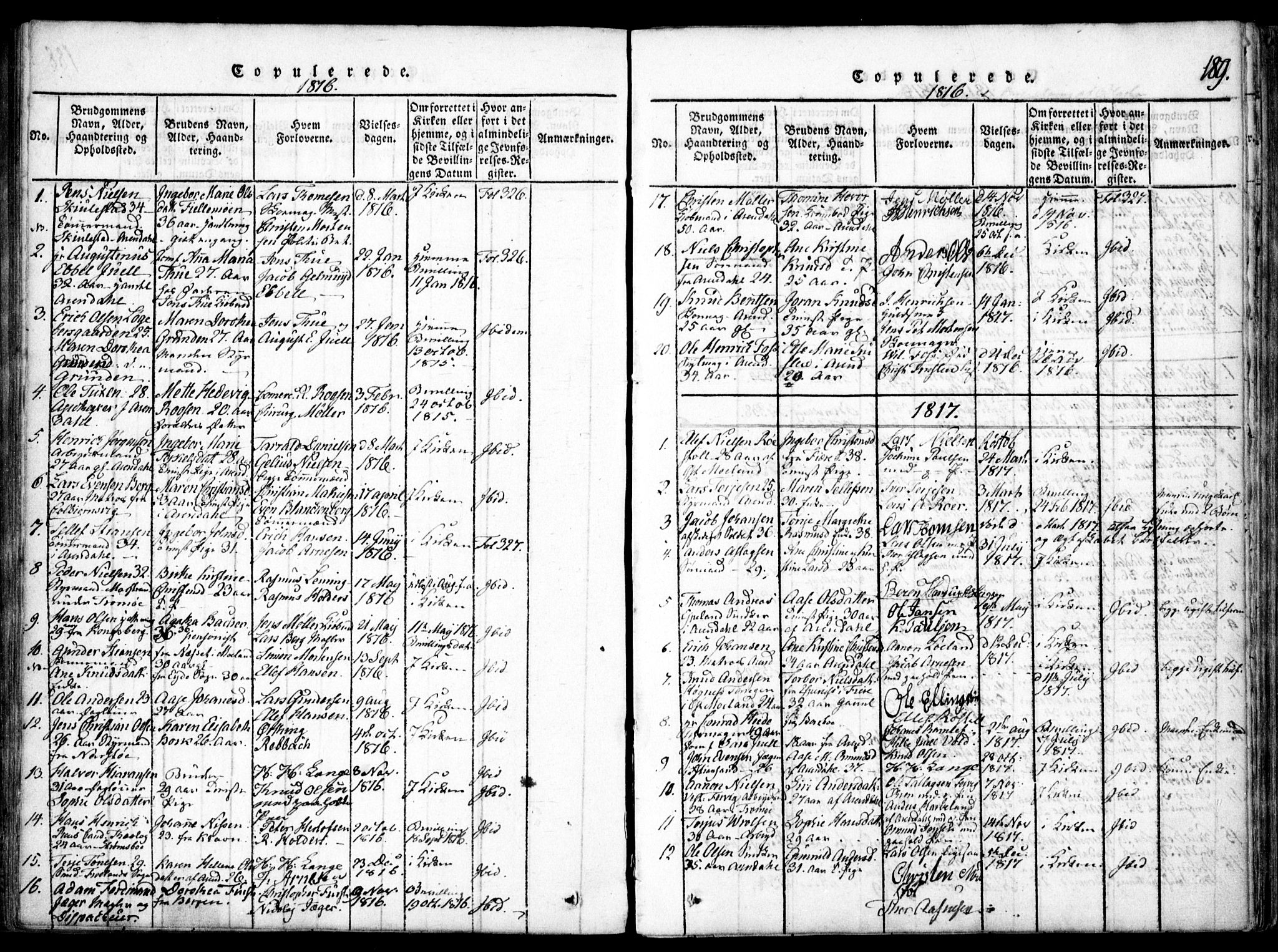 Arendal sokneprestkontor, Trefoldighet, SAK/1111-0040/F/Fa/L0004: Parish register (official) no. A 4, 1816-1839, p. 189