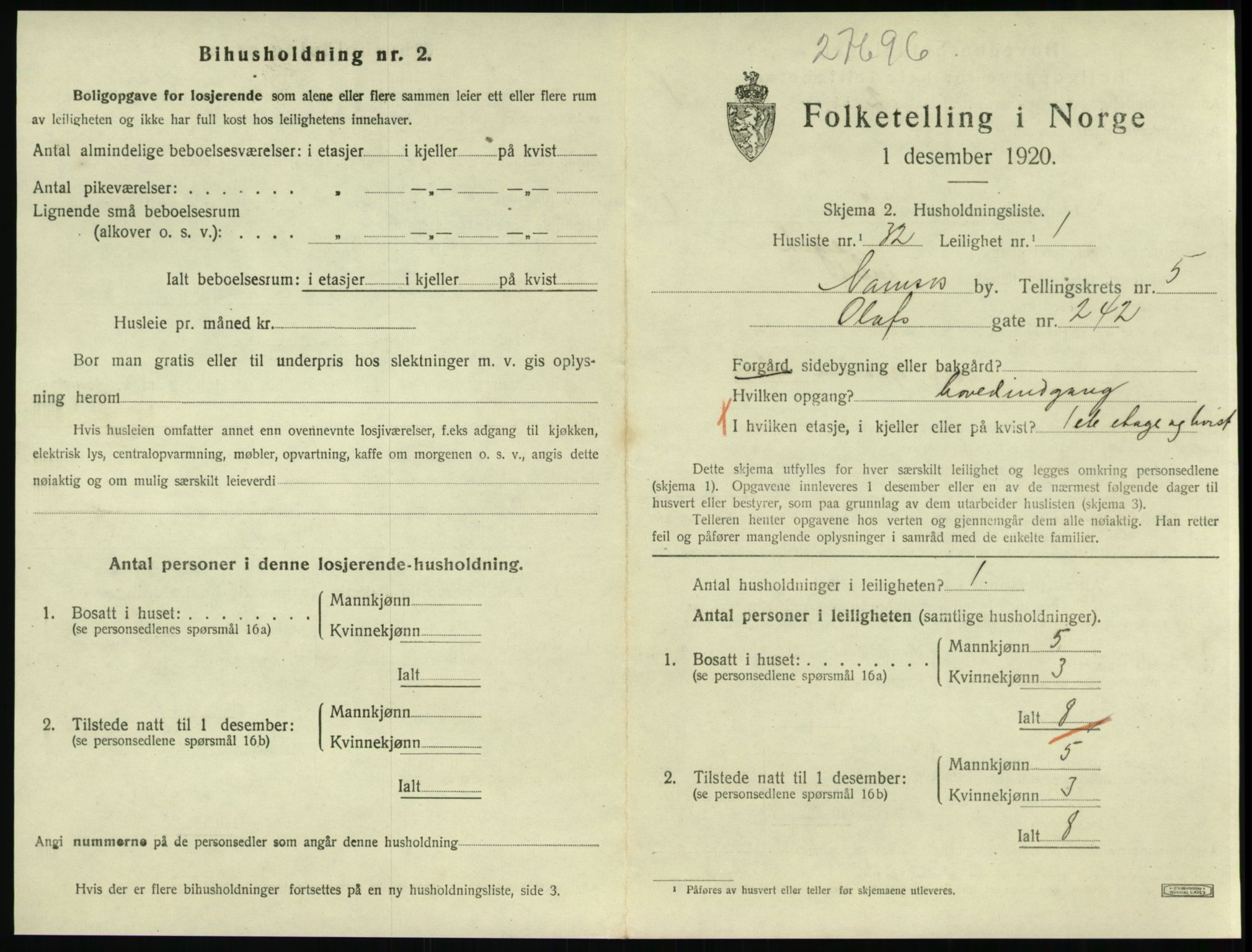 SAT, 1920 census for Namsos, 1920, p. 1725