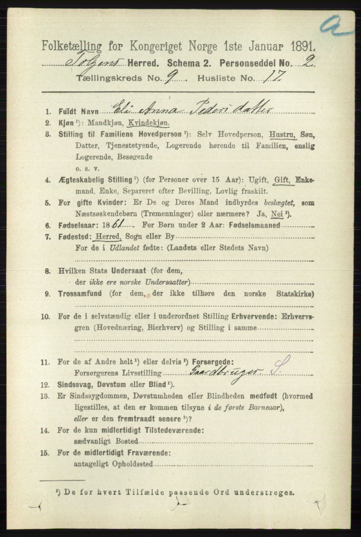 RA, 1891 census for 0436 Tolga, 1891, p. 2615