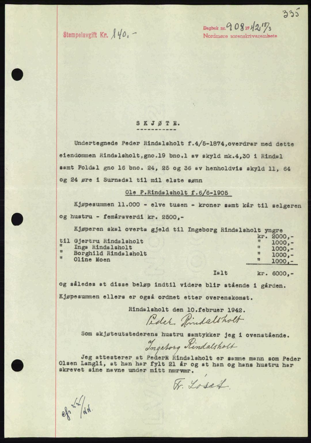 Nordmøre sorenskriveri, AV/SAT-A-4132/1/2/2Ca: Mortgage book no. A92, 1942-1942, Diary no: : 908/1942