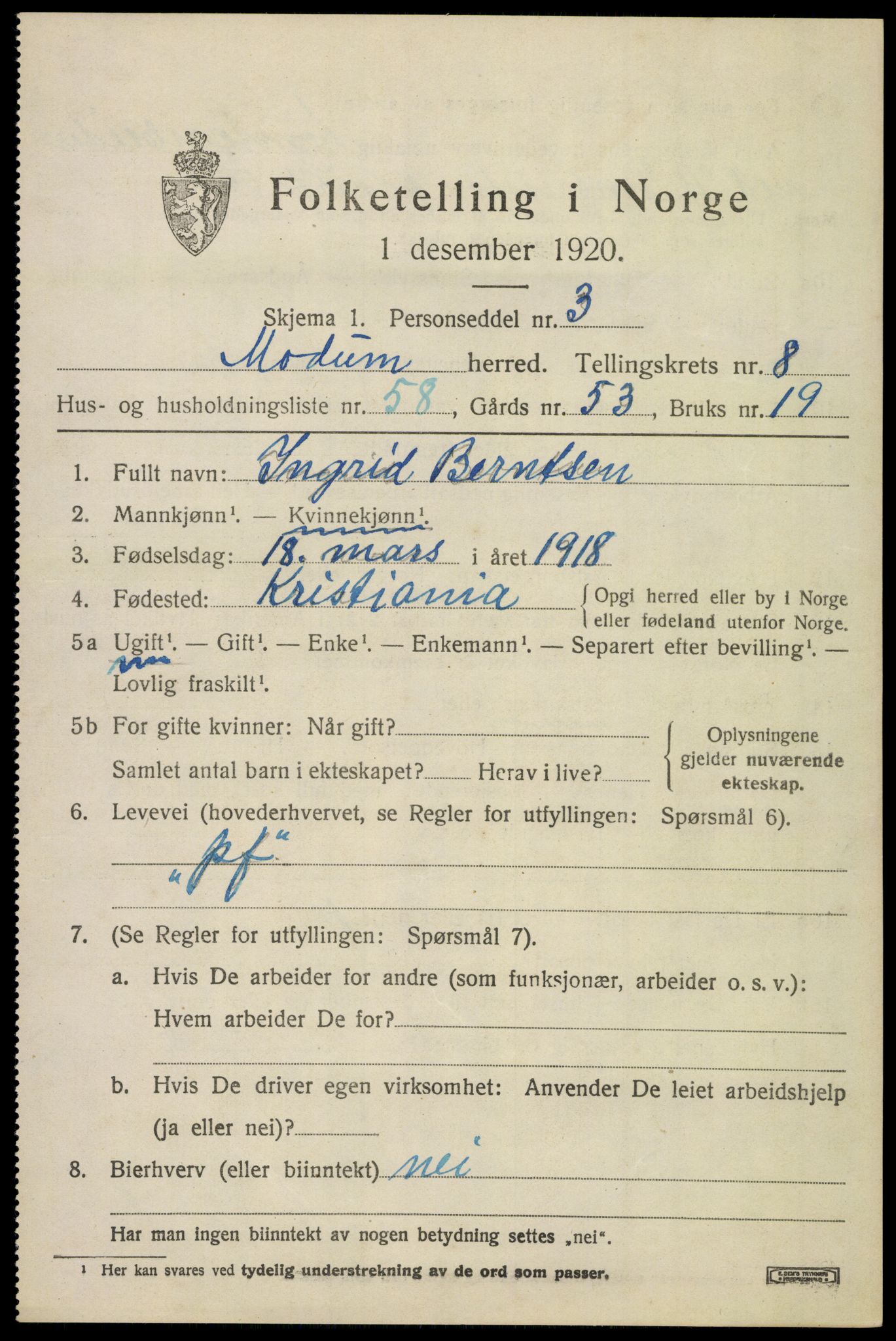 SAKO, 1920 census for Modum, 1920, p. 11065