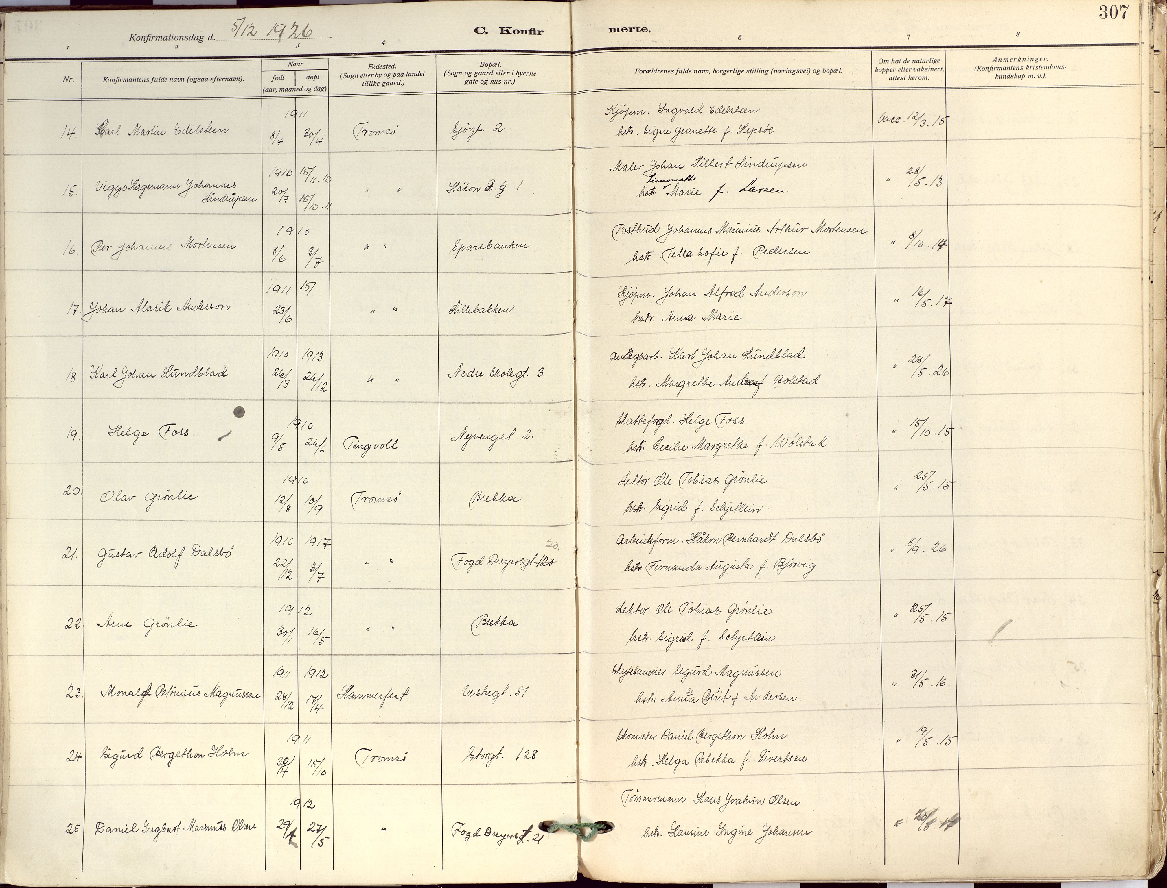 Tromsø sokneprestkontor/stiftsprosti/domprosti, AV/SATØ-S-1343/G/Ga/L0019kirke: Parish register (official) no. 19, 1917-1927, p. 307