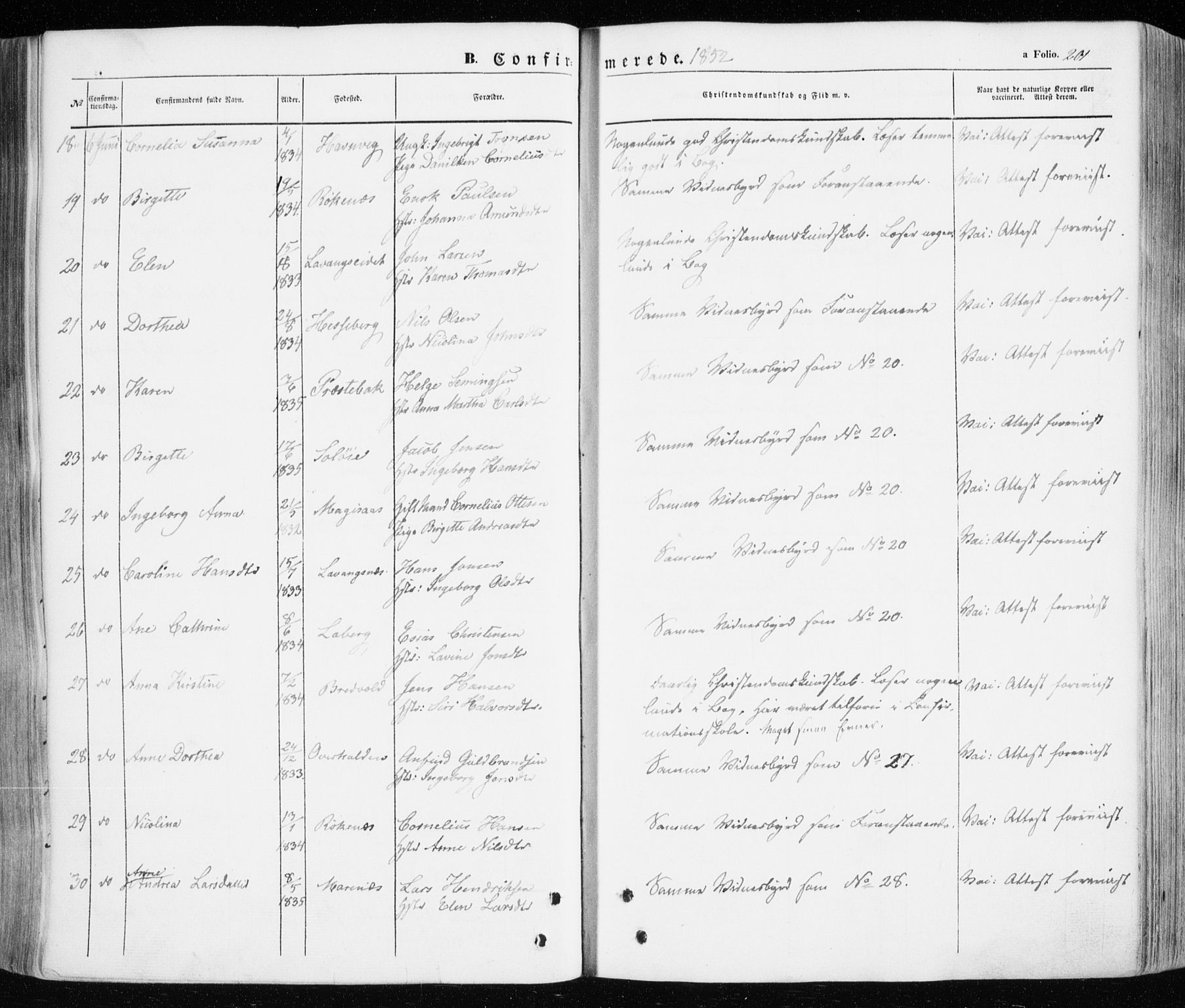 Ibestad sokneprestembete, SATØ/S-0077/H/Ha/Haa/L0008kirke: Parish register (official) no. 8, 1850-1859, p. 201