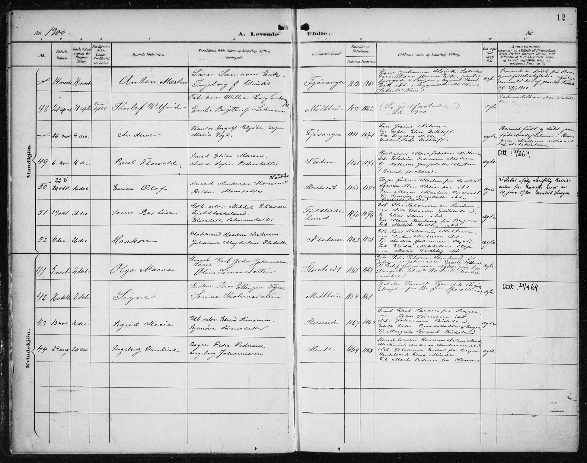Fana Sokneprestembete, SAB/A-75101/H/Haa/Haai/L0003: Parish register (official) no. I 3, 1900-1912, p. 12