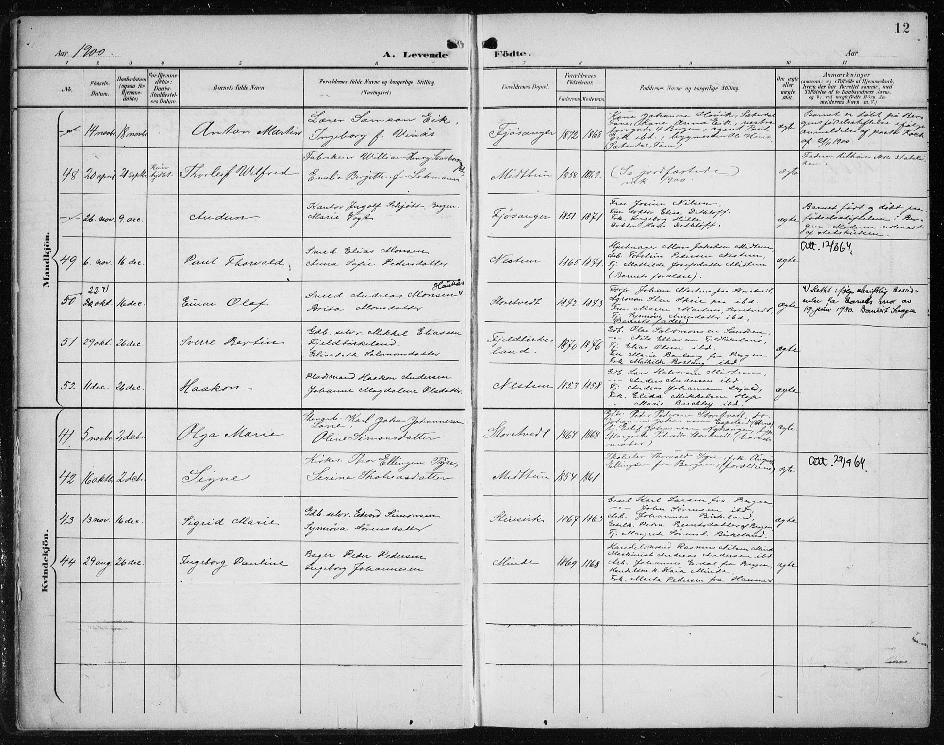 Fana Sokneprestembete, AV/SAB-A-75101/H/Haa/Haai/L0003: Parish register (official) no. I 3, 1900-1912, p. 12