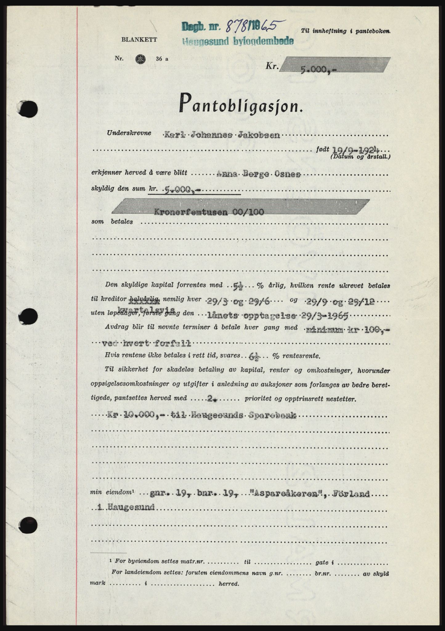 Haugesund tingrett, SAST/A-101415/01/II/IIC/L0053: Mortgage book no. B 53, 1965-1965, Diary no: : 878/1965