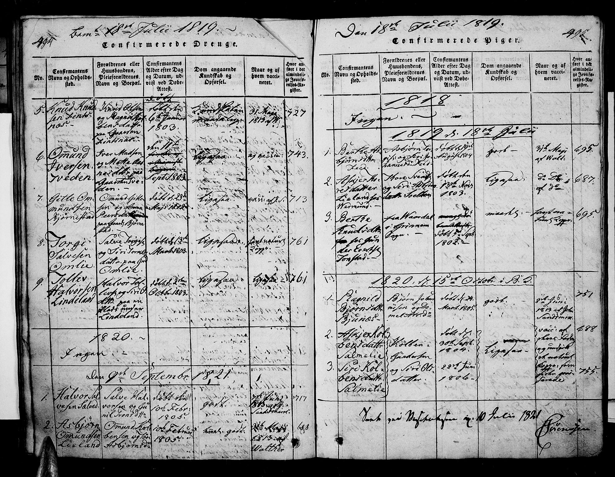 Sirdal sokneprestkontor, AV/SAK-1111-0036/F/Fa/Fab/L0001: Parish register (official) no. A 1, 1815-1834, p. 494-495