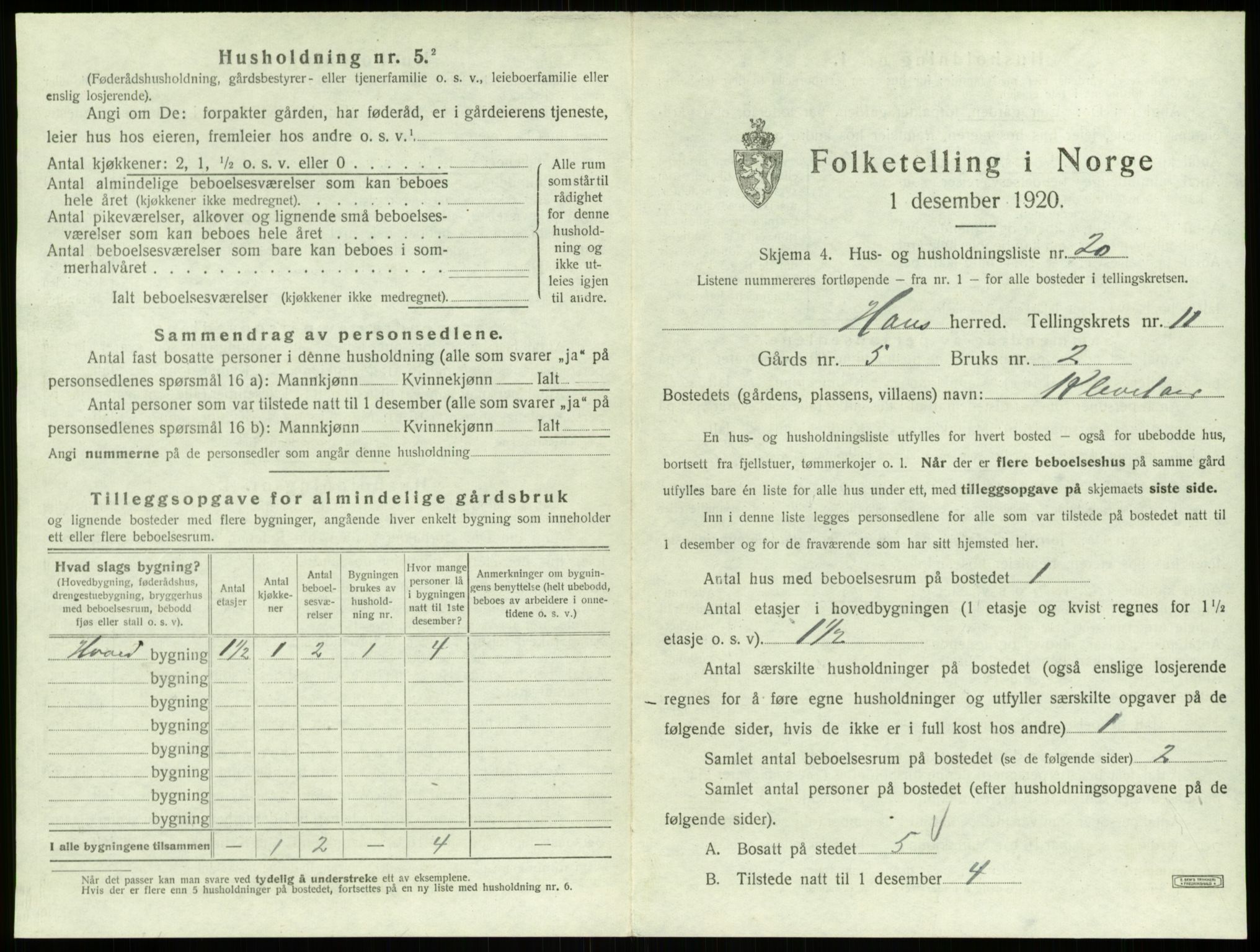 SAB, 1920 census for Haus, 1920, p. 851