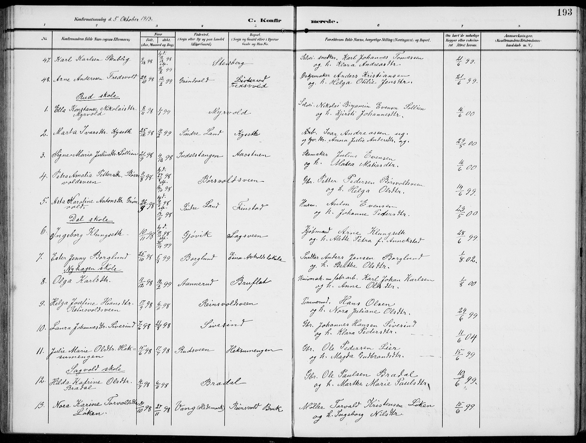 Vestre Toten prestekontor, AV/SAH-PREST-108/H/Ha/Haa/L0014: Parish register (official) no. 14, 1907-1920, p. 193