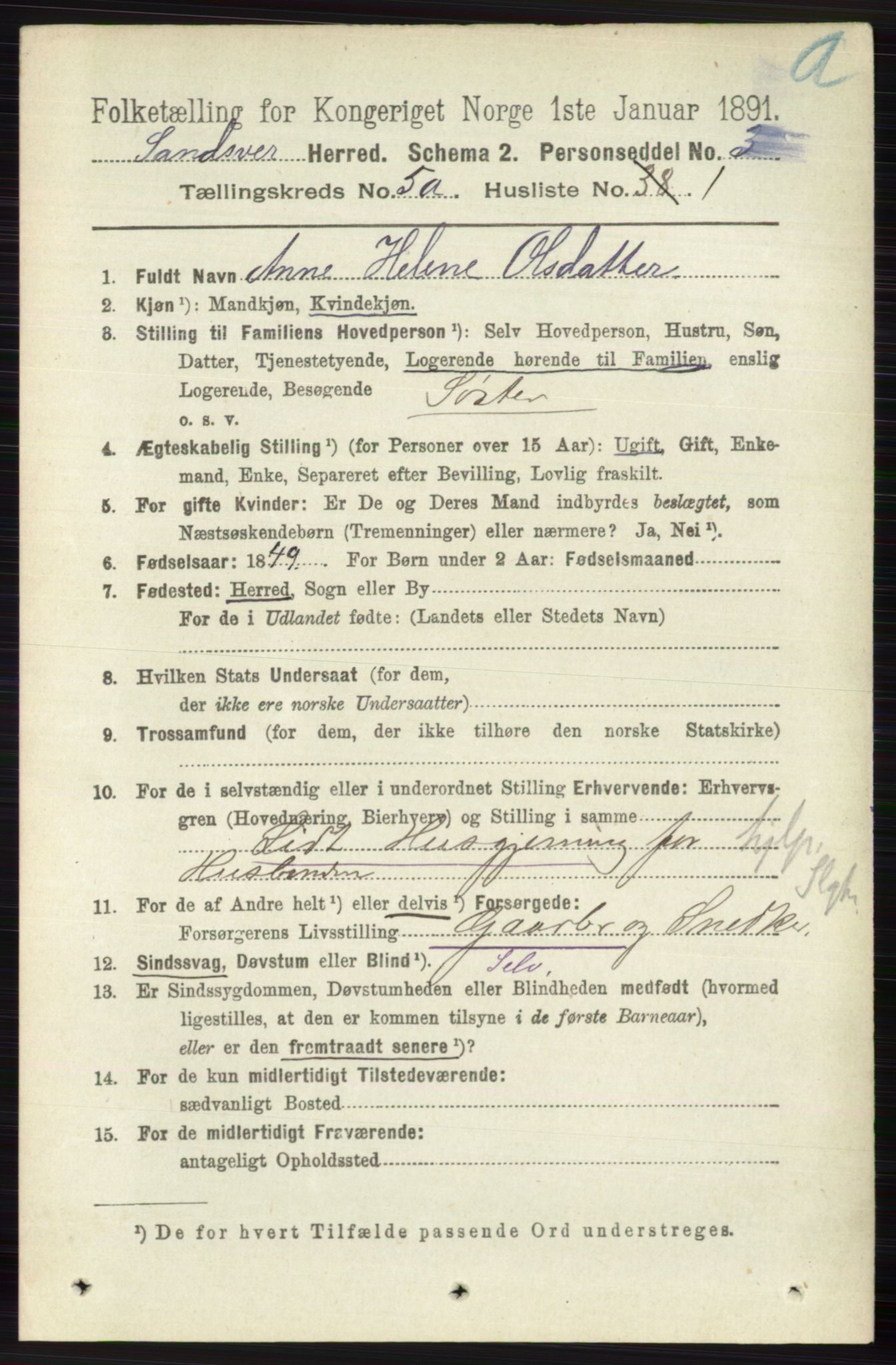 RA, 1891 census for 0629 Sandsvær, 1891, p. 2479