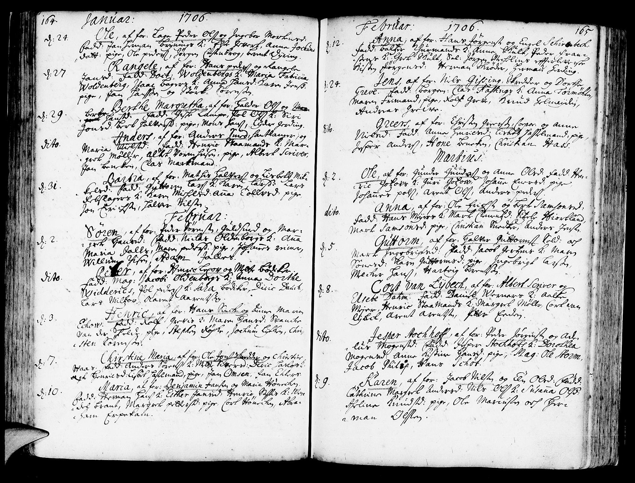 Korskirken sokneprestembete, AV/SAB-A-76101/H/Haa/L0003: Parish register (official) no. A 3, 1698-1719, p. 164-165