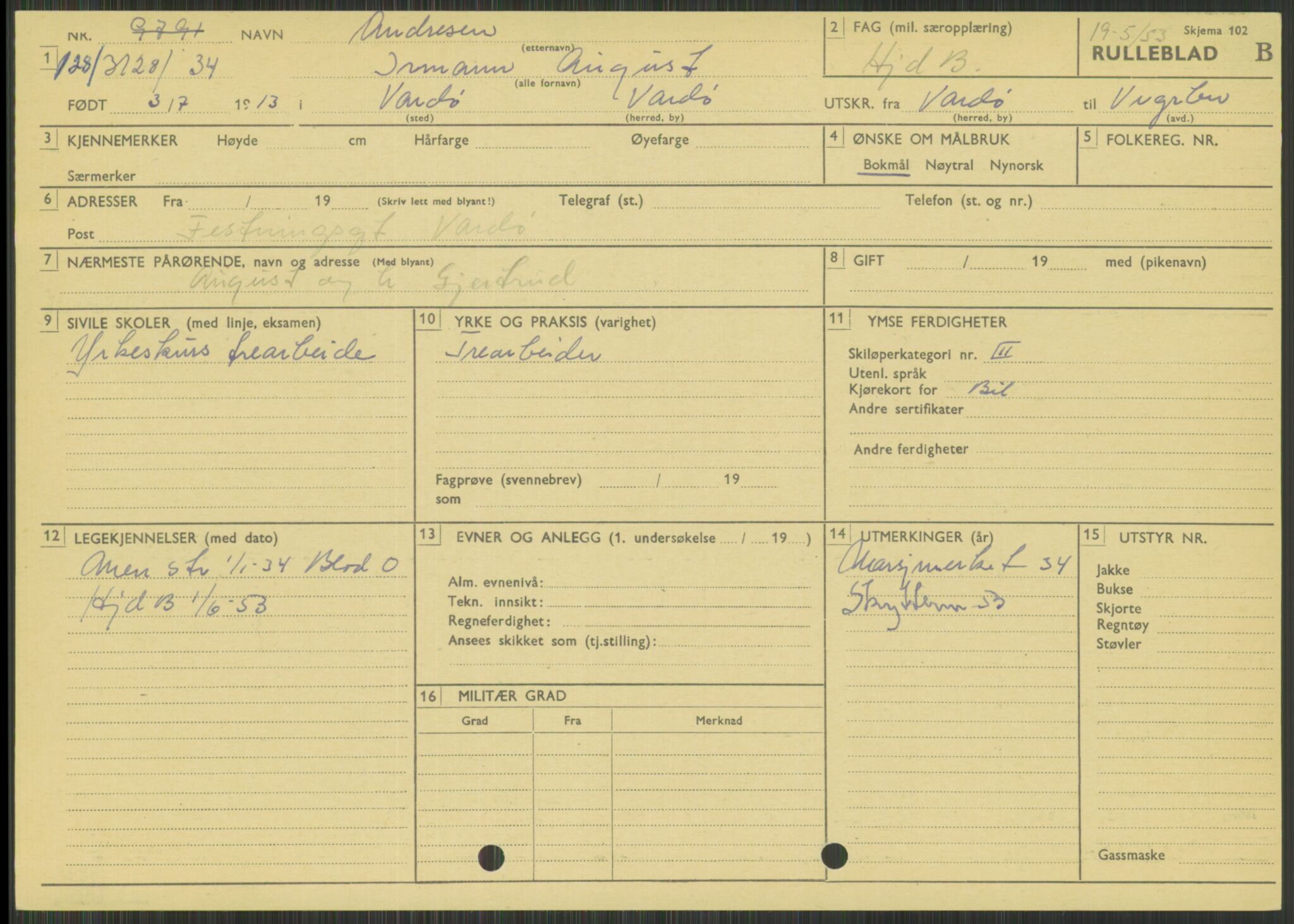 Forsvaret, Varanger bataljon, AV/RA-RAFA-2258/1/D/L0444: Rulleblad for menige født 1913-1914, 1913-1914, p. 20