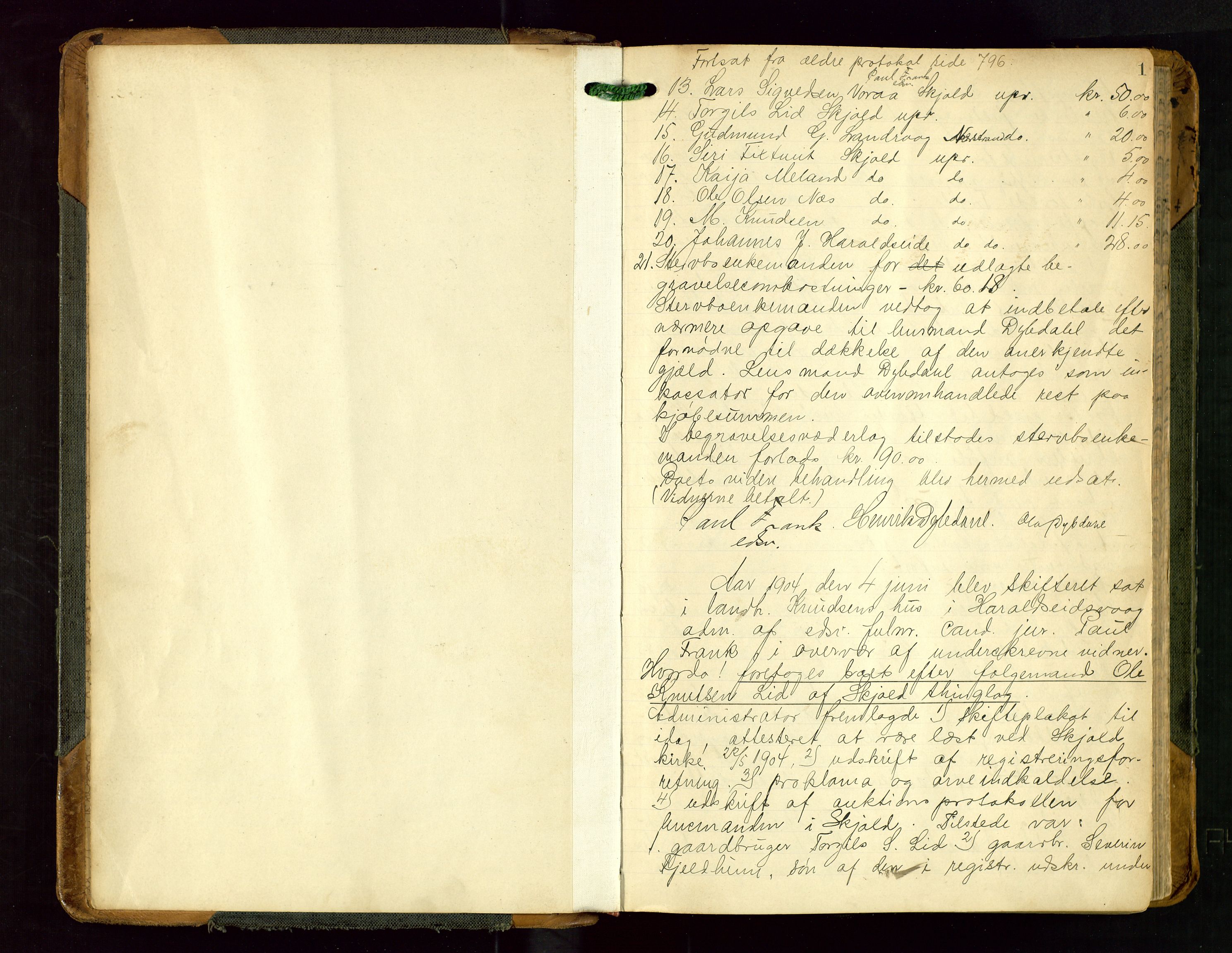 Karmsund sorenskriveri, AV/SAST-A-100311/01/IV/IVDBA/L0007: SKIFTEPROTOKOLL TORV/TYSV/SKJOLD/VATS, 1904-1924, p. 1