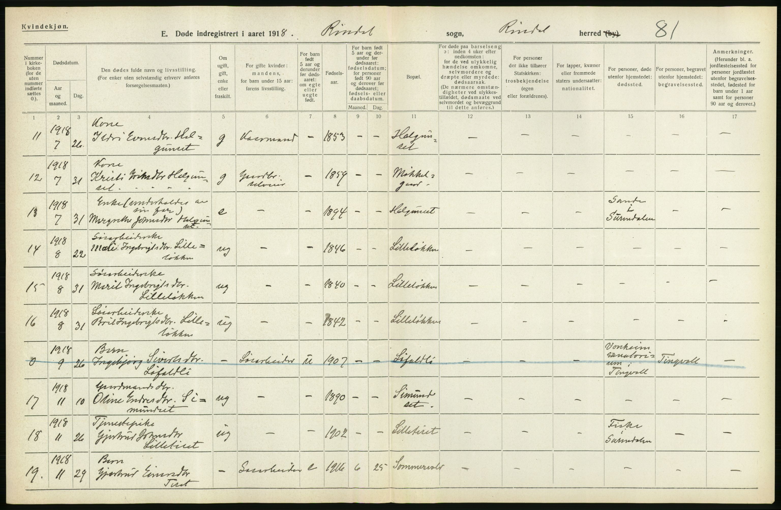 Statistisk sentralbyrå, Sosiodemografiske emner, Befolkning, AV/RA-S-2228/D/Df/Dfb/Dfbh/L0045: Møre fylke: Døde. Bygder og byer., 1918, p. 260