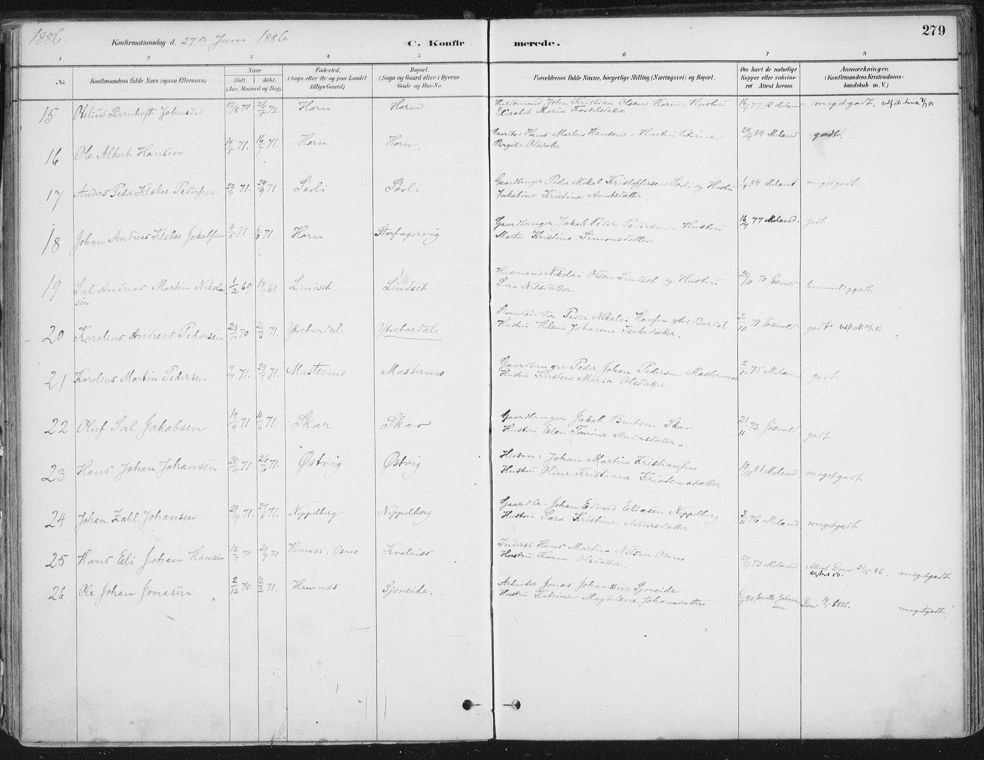 Ministerialprotokoller, klokkerbøker og fødselsregistre - Nordland, AV/SAT-A-1459/838/L0552: Parish register (official) no. 838A10, 1880-1910, p. 279