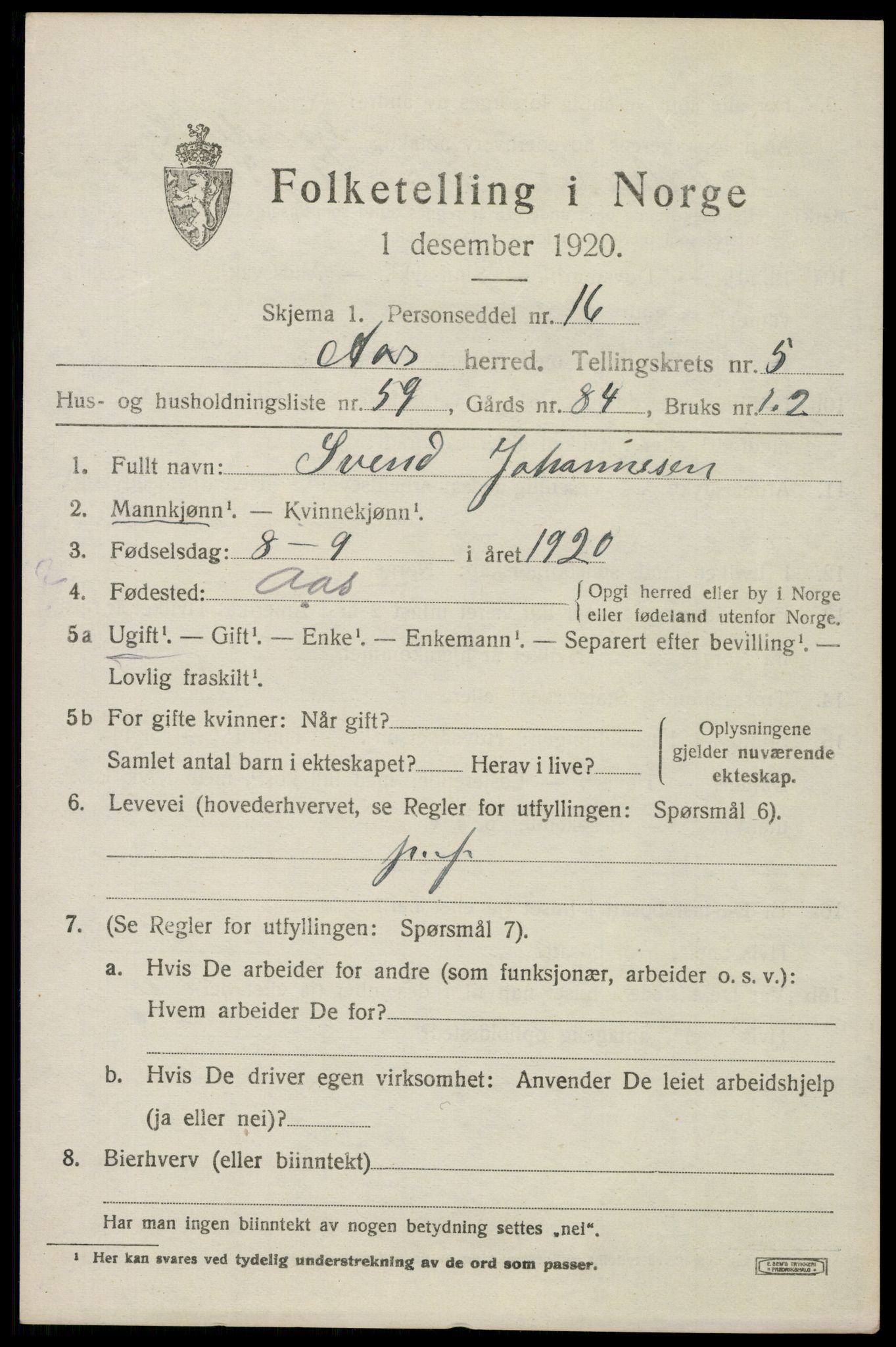 SAO, 1920 census for Ås, 1920, p. 6582