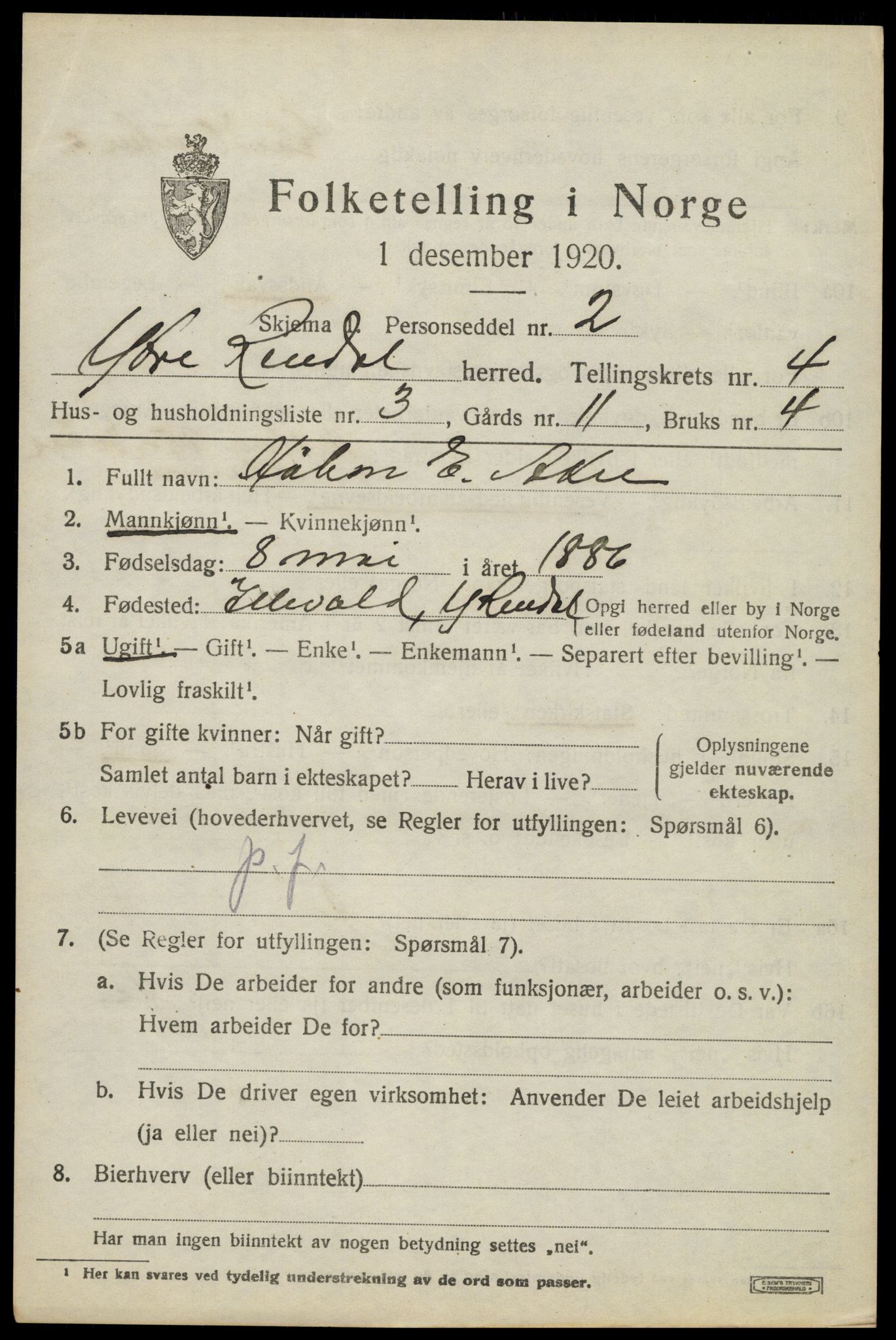 SAH, 1920 census for Ytre Rendal, 1920, p. 2081