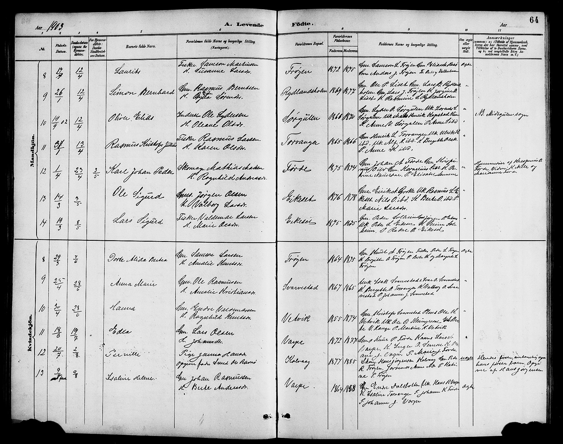 Bremanger sokneprestembete, SAB/A-82201/H/Hab/Haba/L0003: Parish register (copy) no. A 3, 1890-1908, p. 64