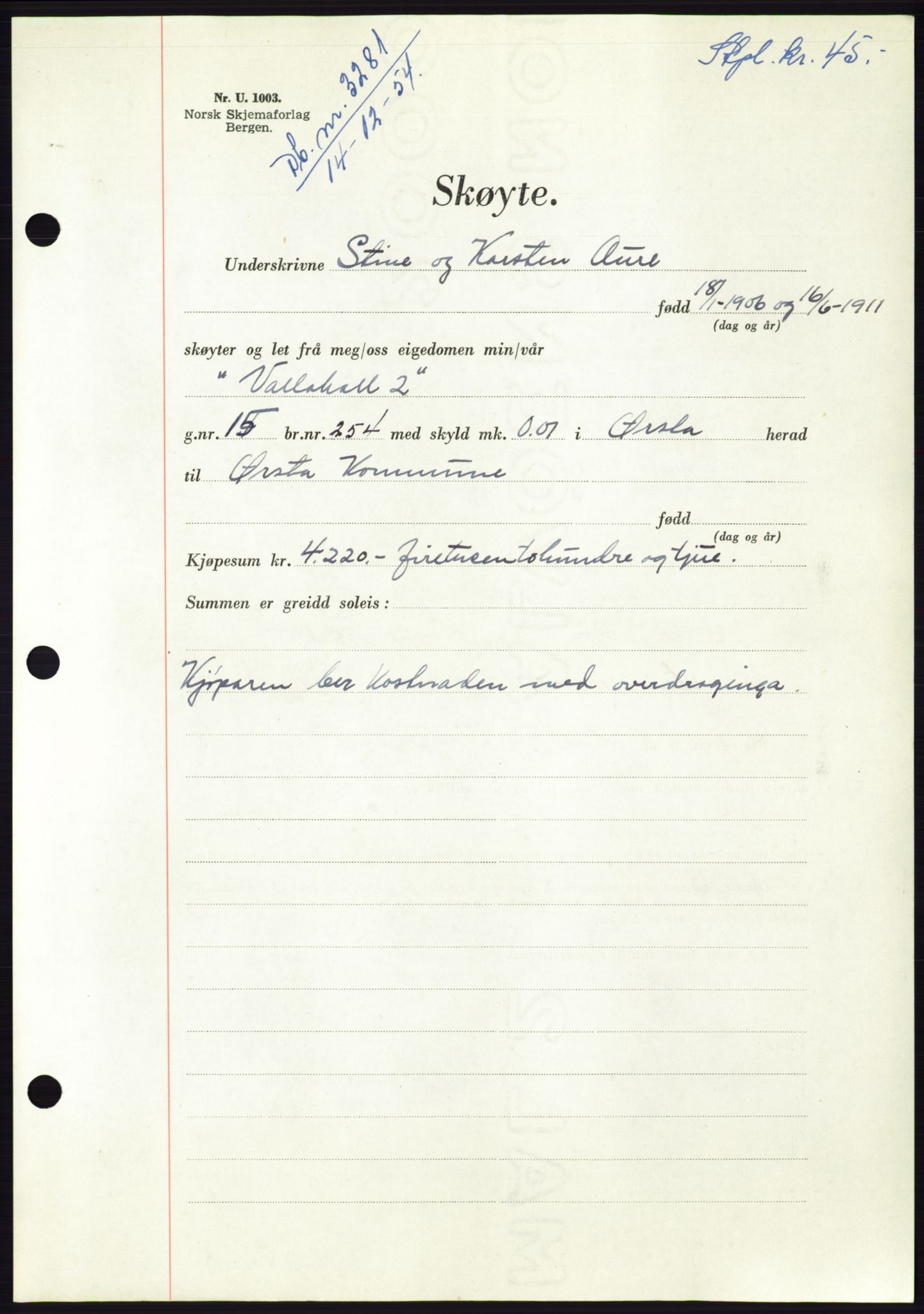 Søre Sunnmøre sorenskriveri, AV/SAT-A-4122/1/2/2C/L0099: Mortgage book no. 25A, 1954-1954, Diary no: : 3281/1954