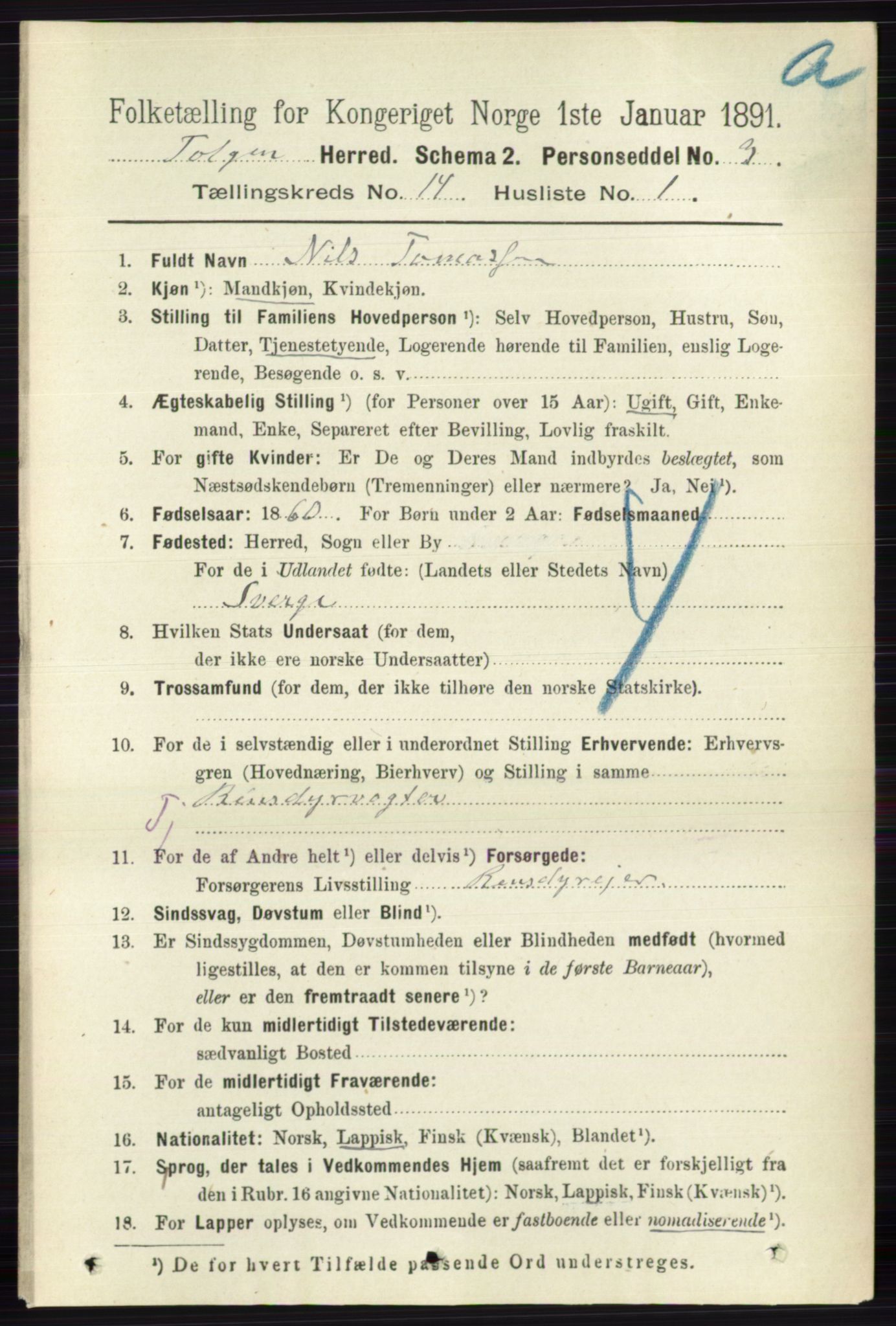 RA, 1891 census for 0436 Tolga, 1891, p. 4127