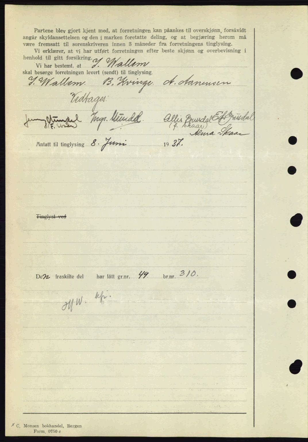 Midhordland sorenskriveri, SAB/A-3001/1/G/Gb/Gbk/L0001: Mortgage book no. A1-6, 1936-1937, Diary no: : 2121/1937