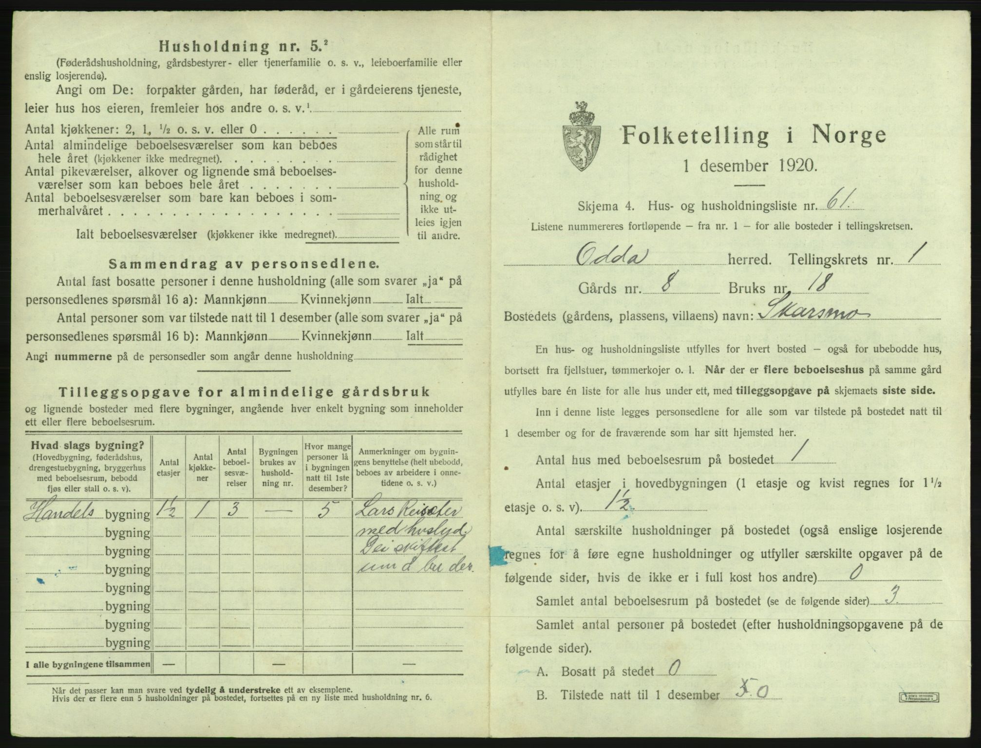 SAB, 1920 census for Odda, 1920, p. 173