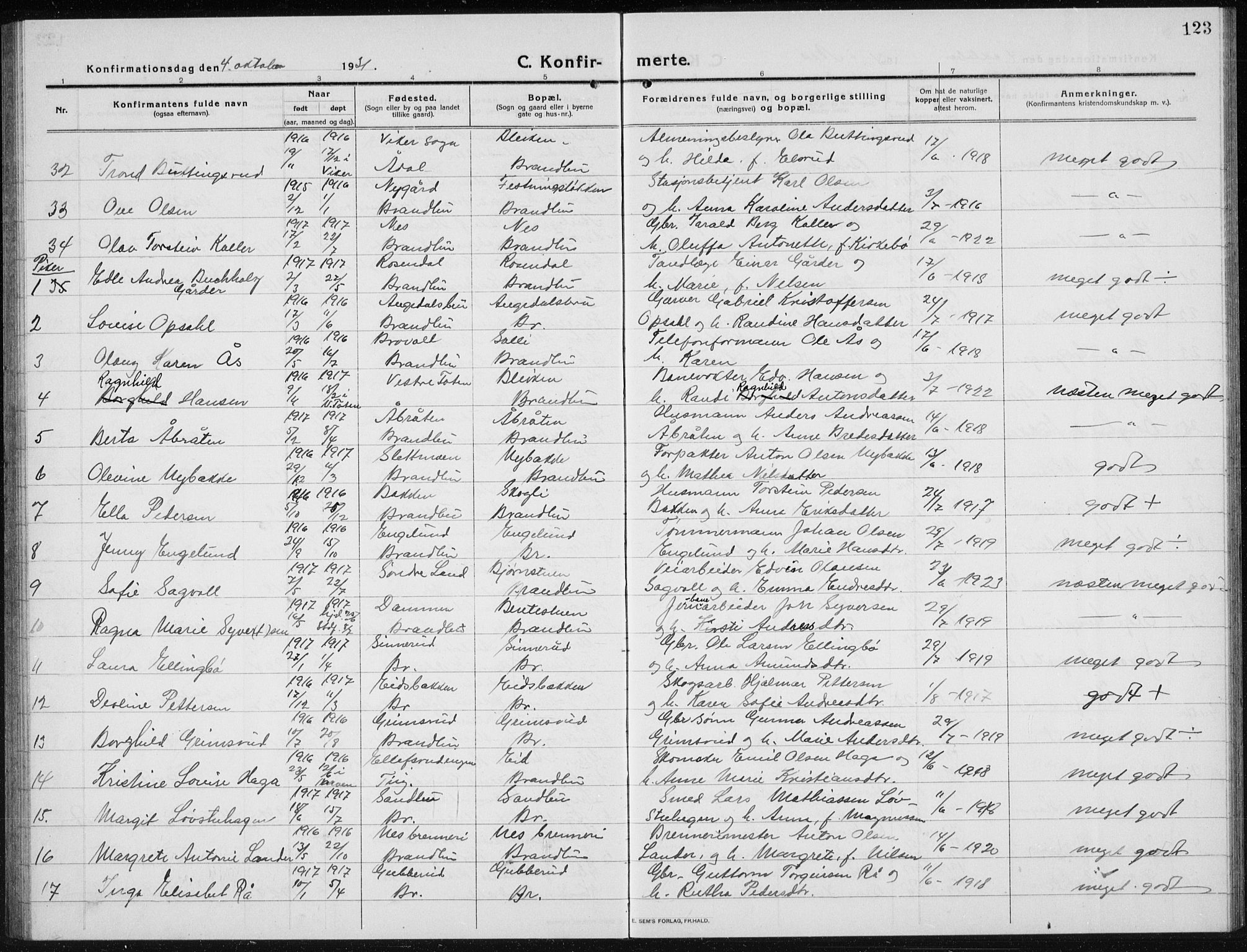 Brandbu prestekontor, AV/SAH-PREST-114/H/Ha/Hab/L0001: Parish register (copy) no. 1, 1914-1937, p. 123