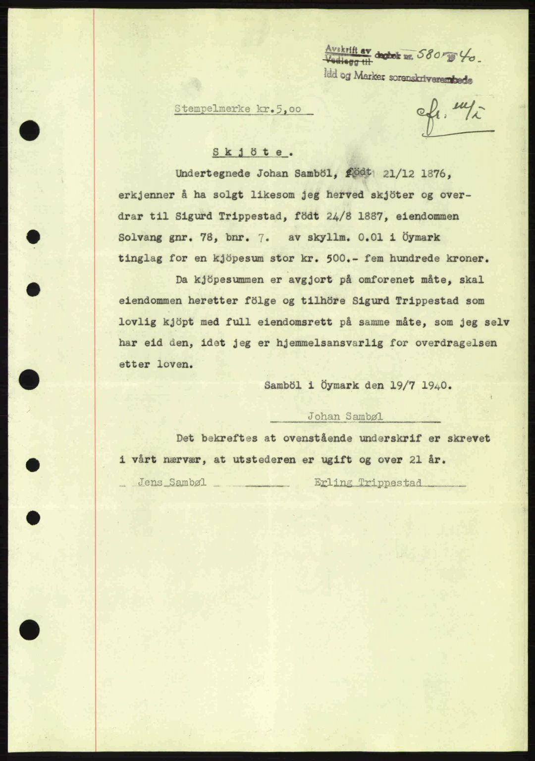 Idd og Marker sorenskriveri, AV/SAO-A-10283/G/Gb/Gbb/L0004: Mortgage book no. A4, 1940-1941, Diary no: : 580/1940