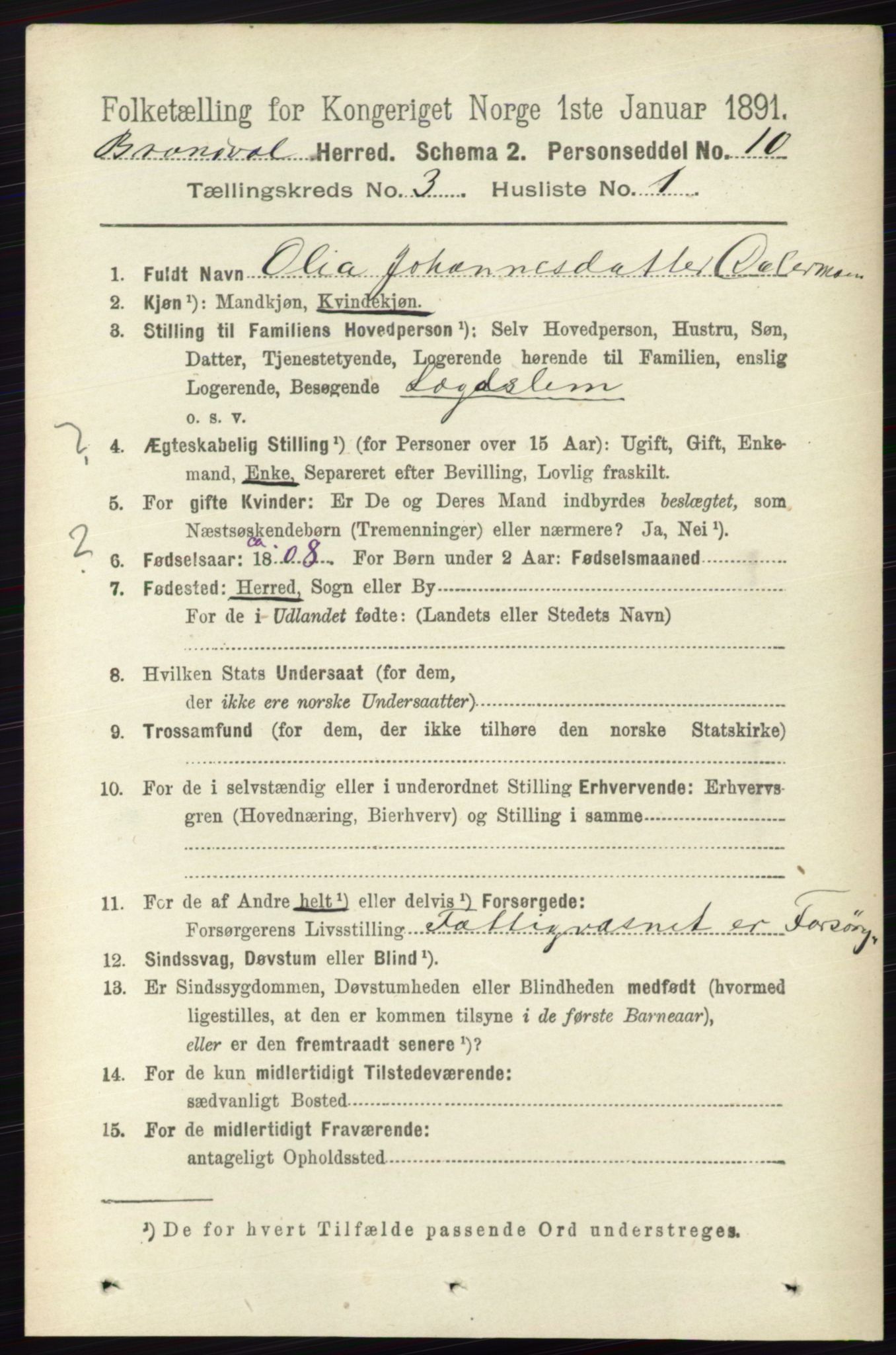 RA, 1891 census for 0422 Brandval, 1891, p. 1233