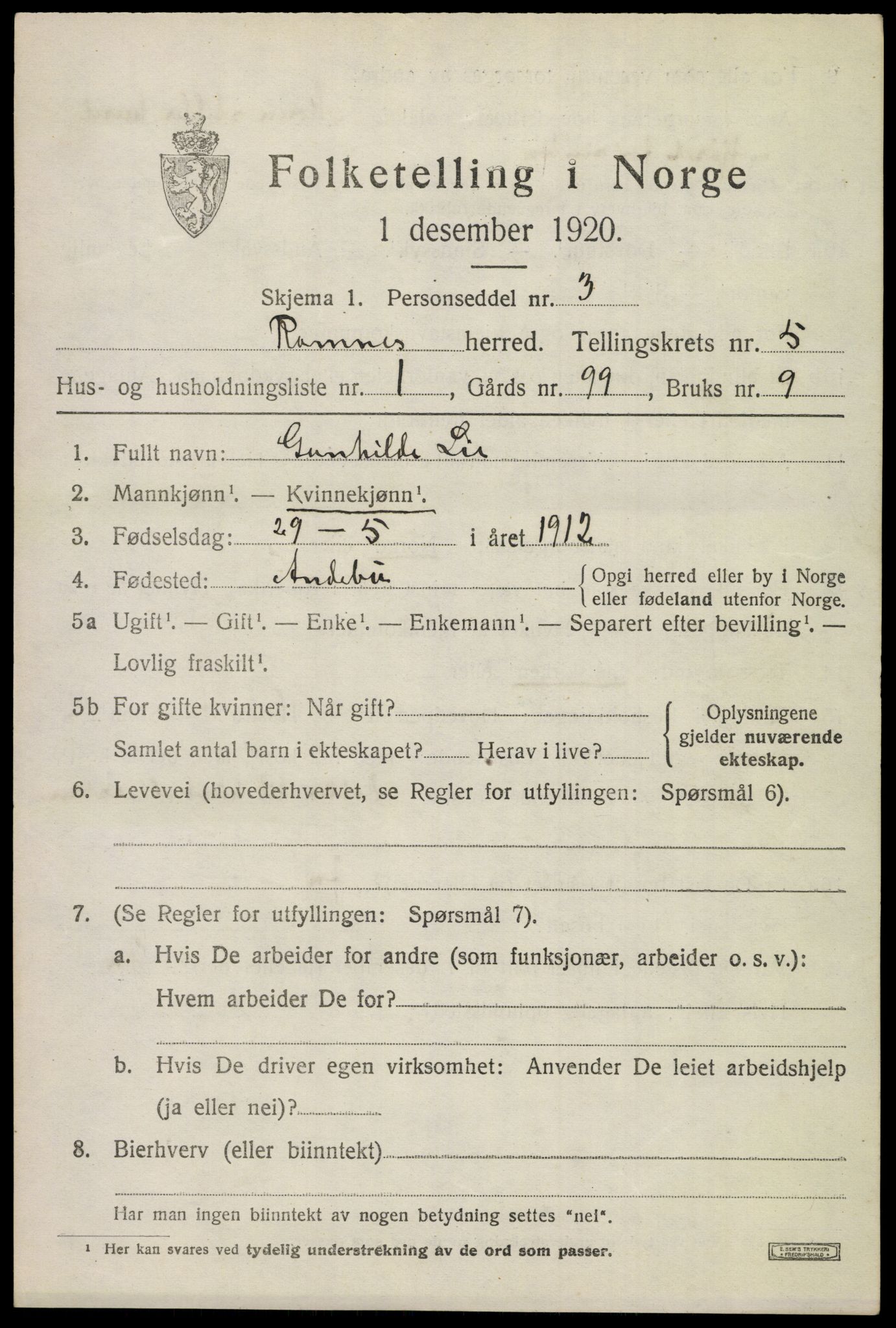 SAKO, 1920 census for Ramnes, 1920, p. 4978