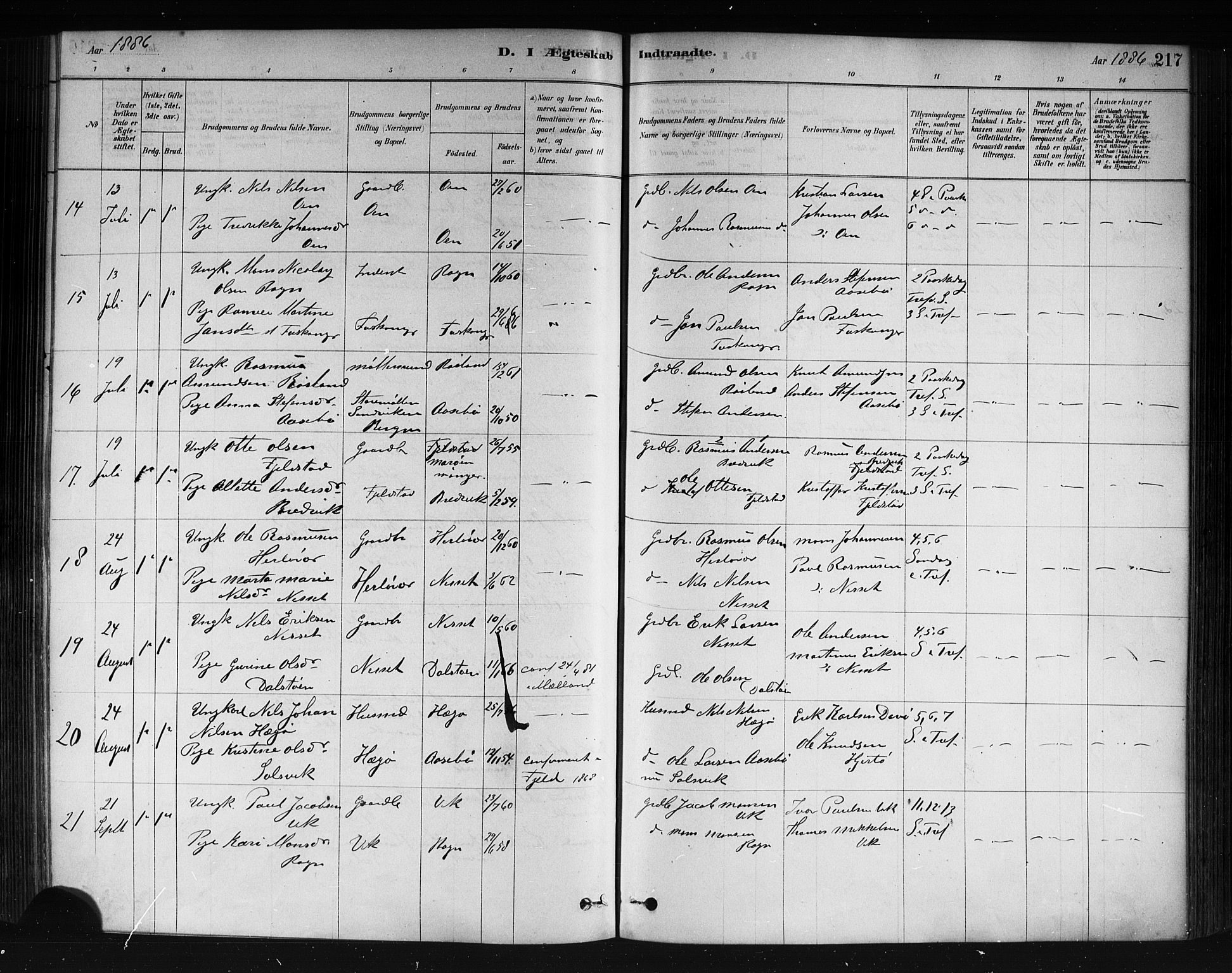 Herdla Sokneprestembete, AV/SAB-A-75701/H/Haa: Parish register (official) no. A 3, 1878-1890, p. 217