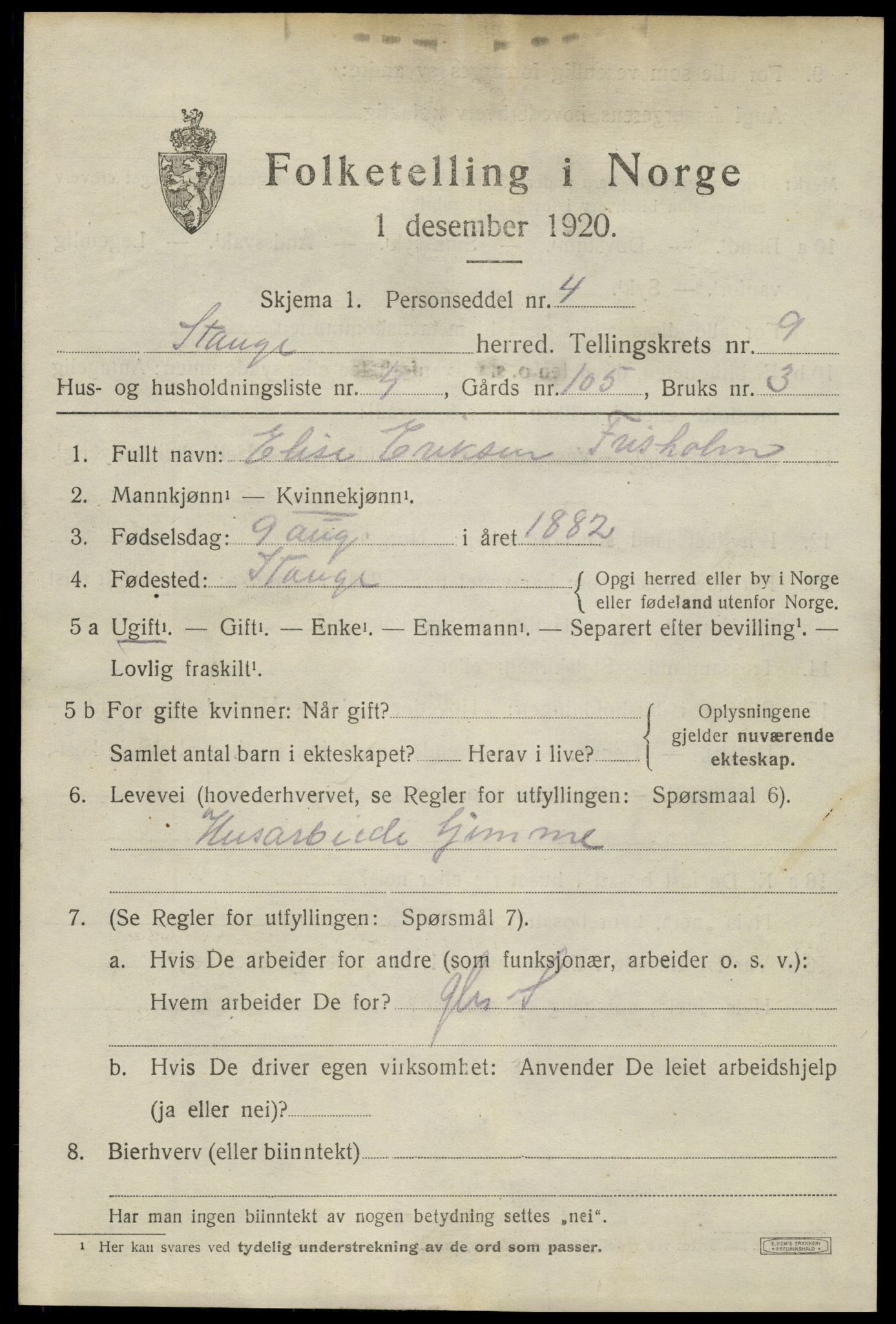 SAH, 1920 census for Stange, 1920, p. 14621