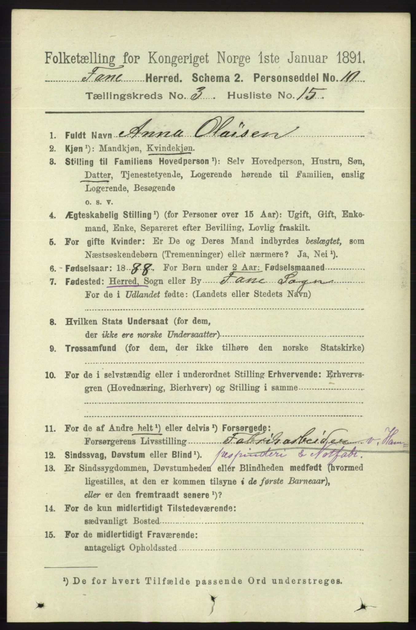 RA, 1891 census for 1249 Fana, 1891, p. 990