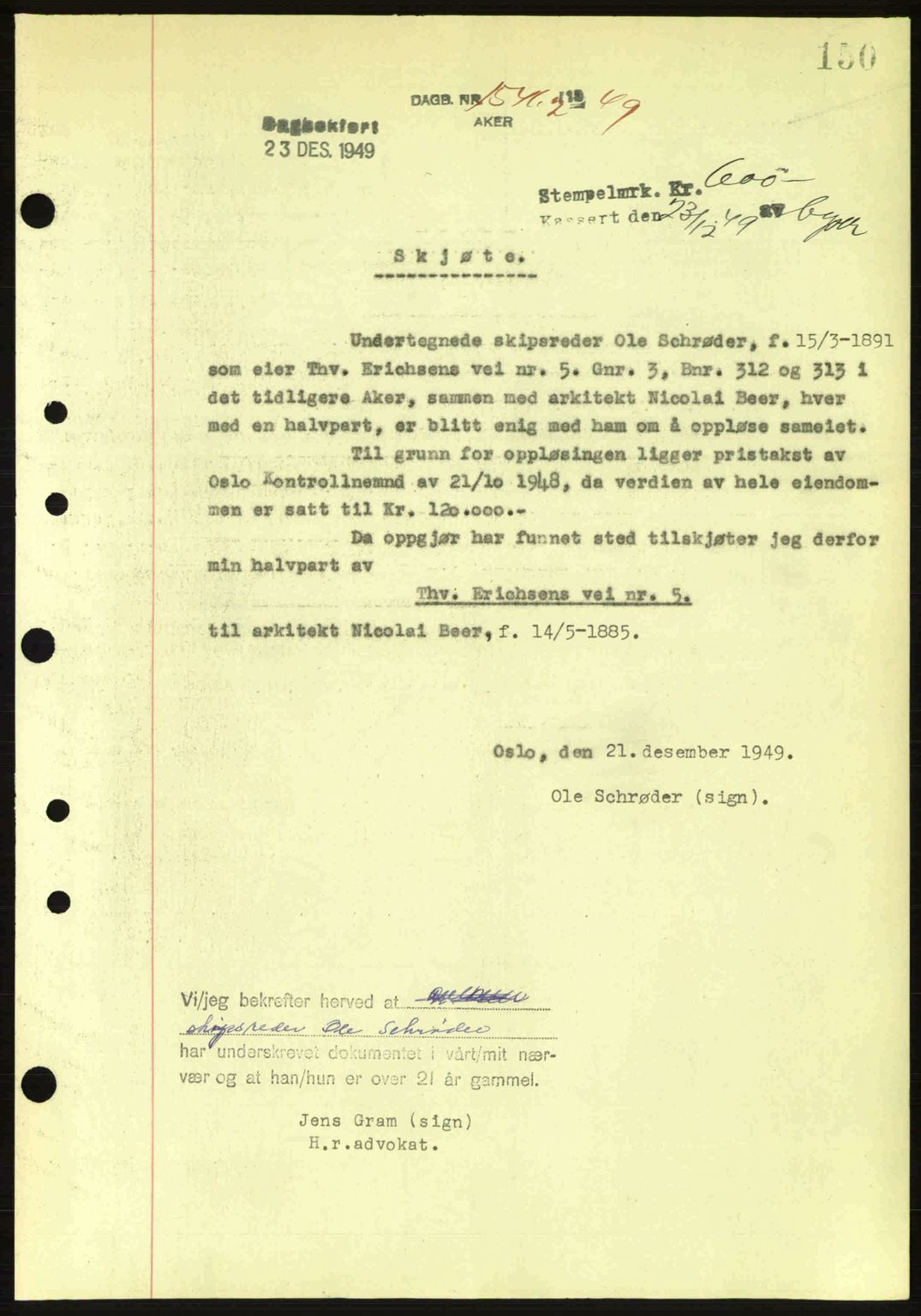 Oslo byskriverembete, AV/SAO-A-10227/G/Gb/Gbd/Gbda/L0017: Mortgage book no. A215, 1949-1950, Diary no: : 15462/1949