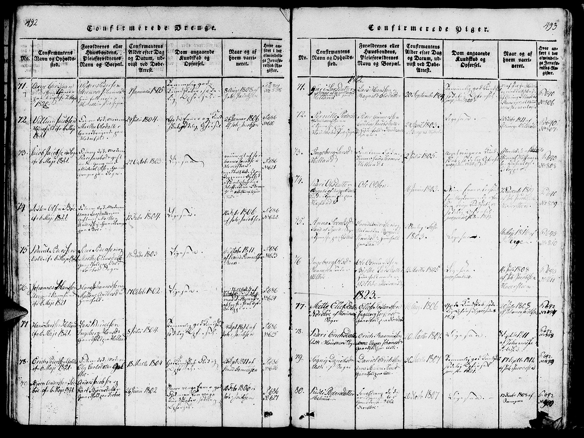 Rennesøy sokneprestkontor, SAST/A -101827/H/Ha/Haa/L0004: Parish register (official) no. A 4, 1816-1837, p. 492-493